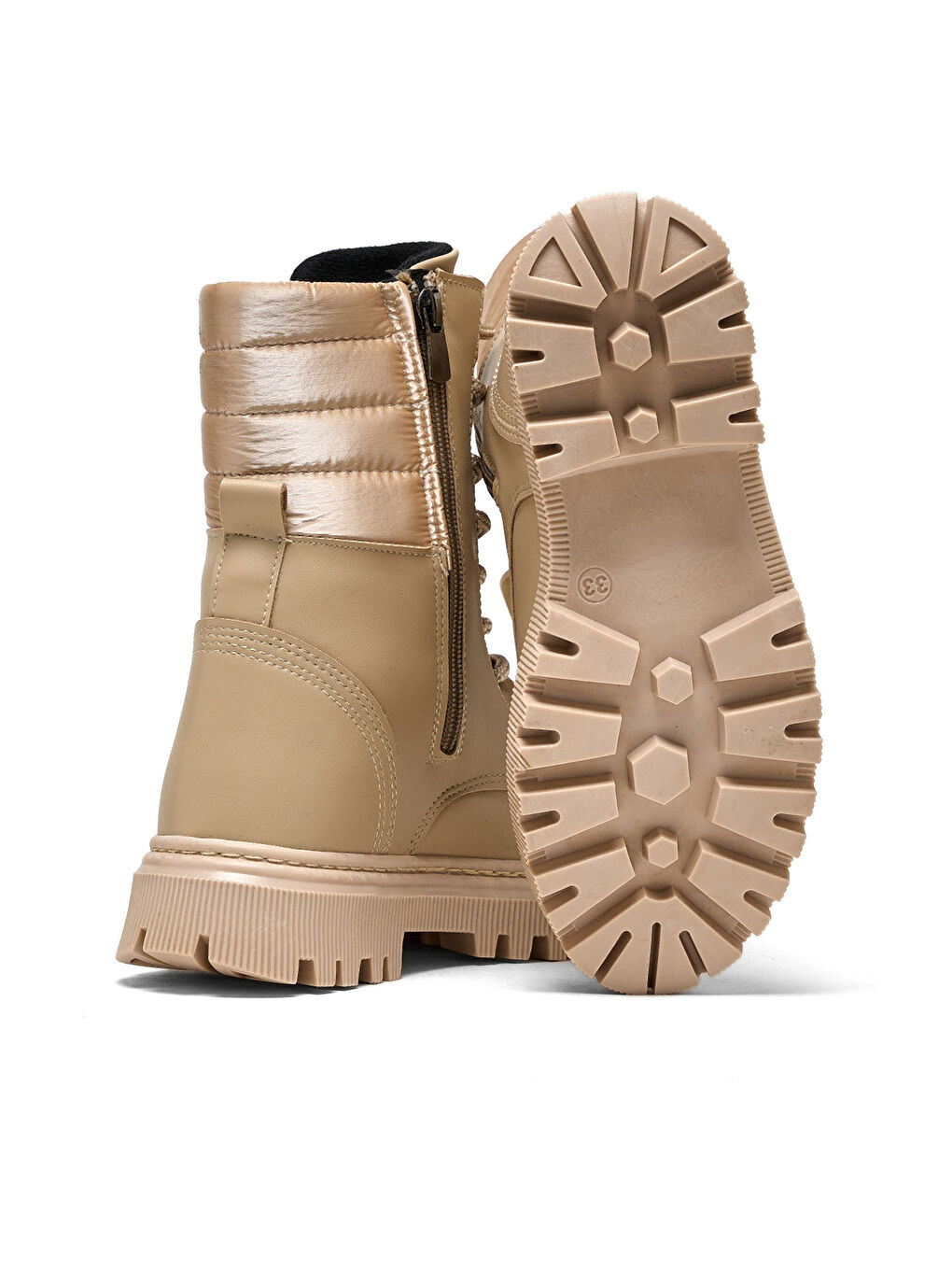 Kız Çocuk Bej Termo Taban Yanı Kapitone Desenli Bağcıklı ve Fermuarlı Bot-3