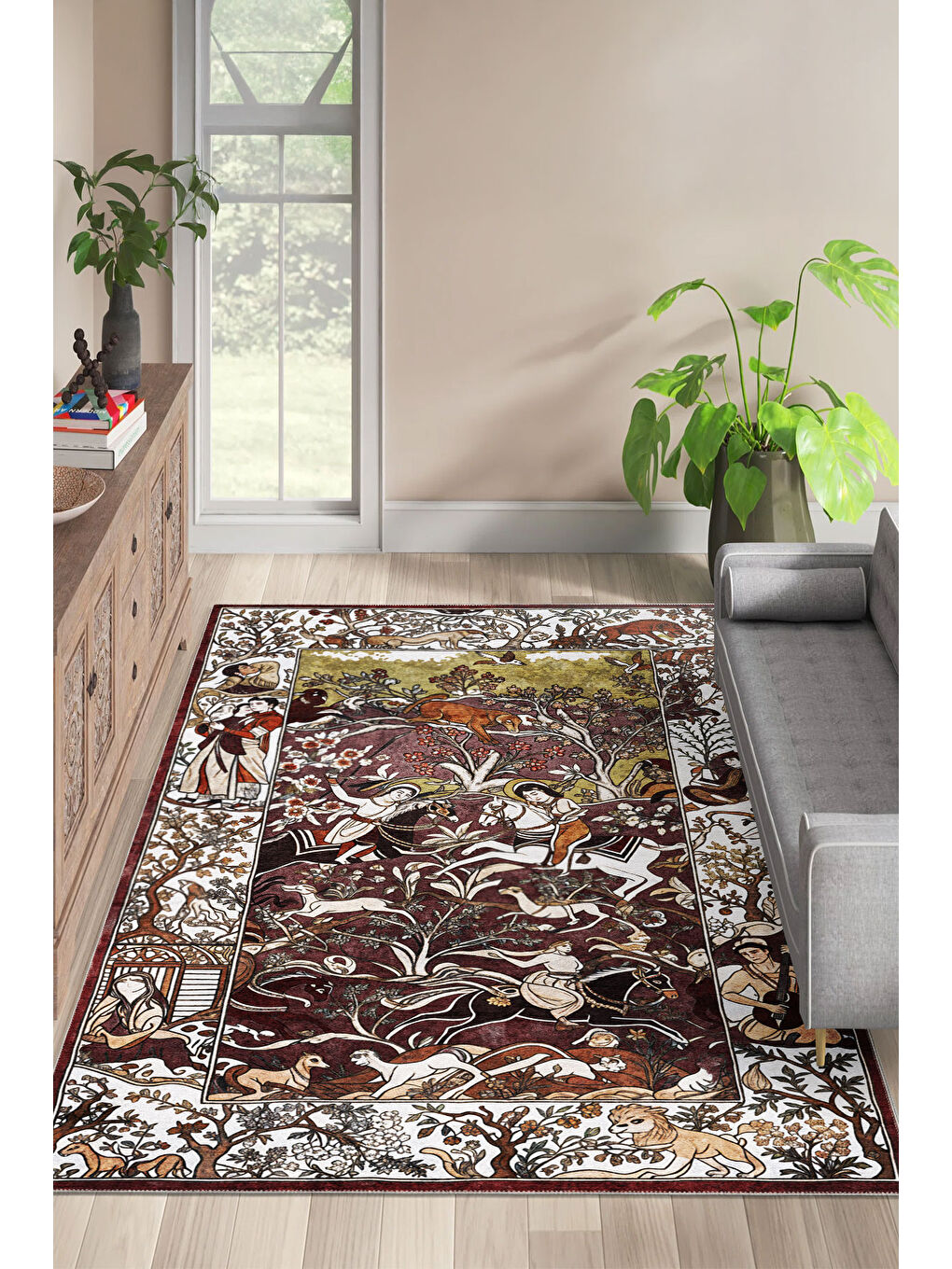 Bordo Dekoratif Özel Tasarım Yıkanabilir İnce Kaymaz Tabanlı Modern Halı KECE FR05-1