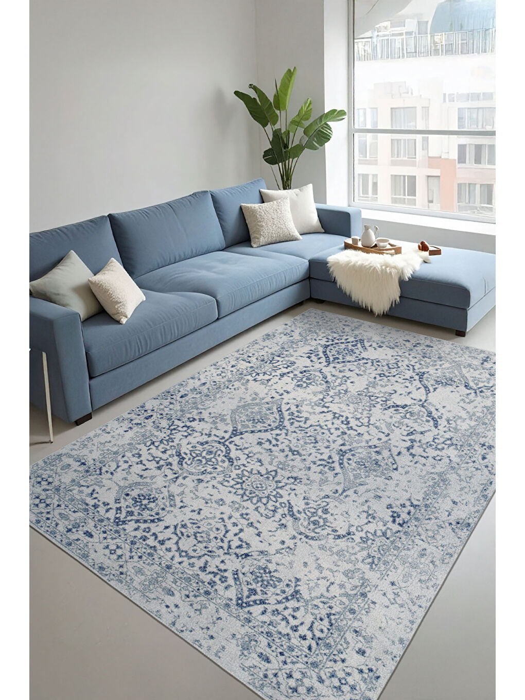 Mavi Dekoratif Özel Tasarım Yıkanabilir İnce Kaymaz Tabanlı Modern Halı KECE FR07-1