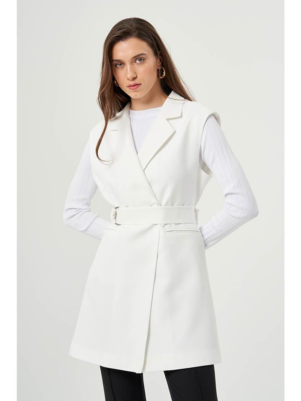 Toka Kemerli Ekru Klasik Yelek