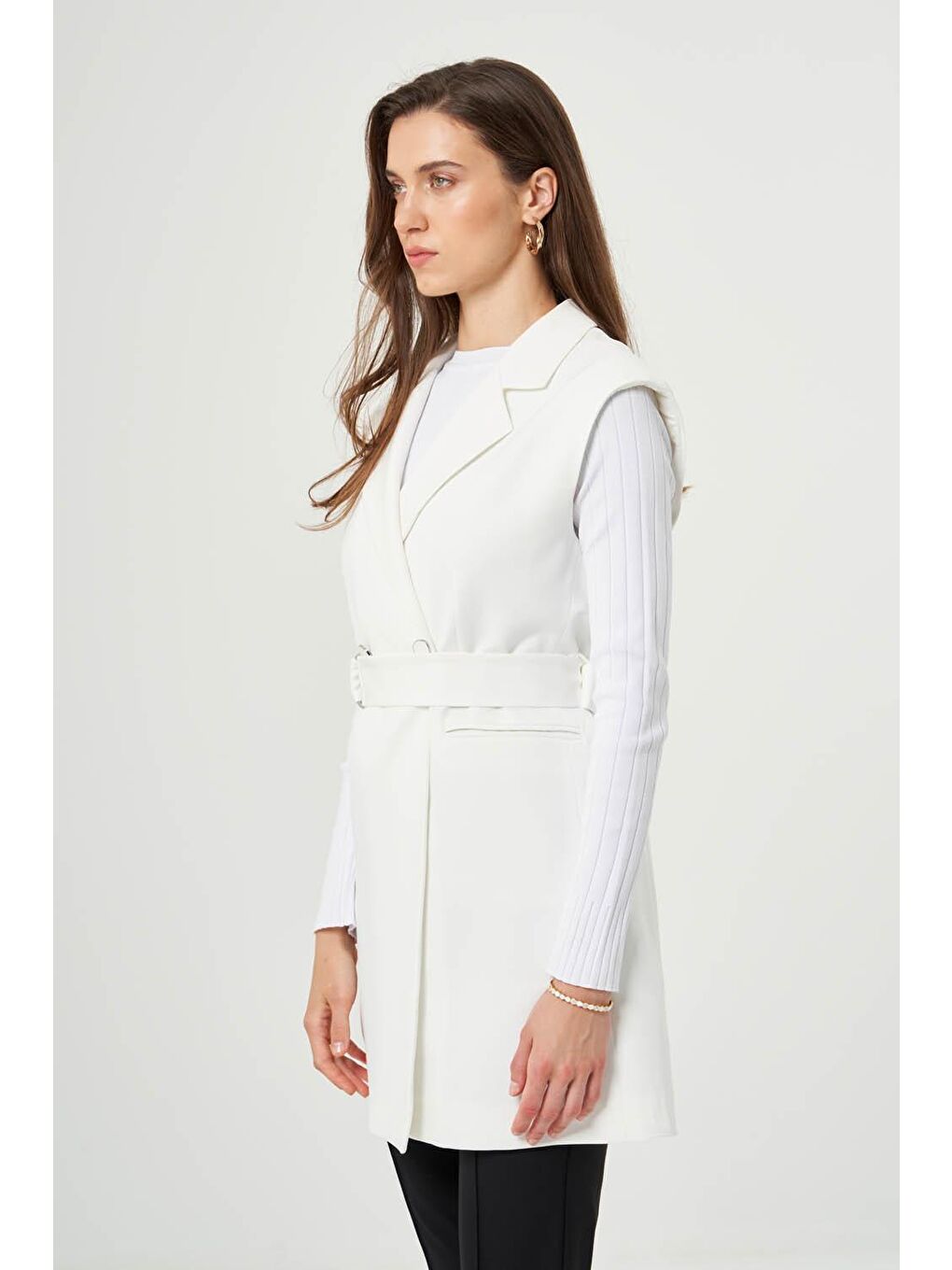 Toka Kemerli Ekru Klasik Yelek-1