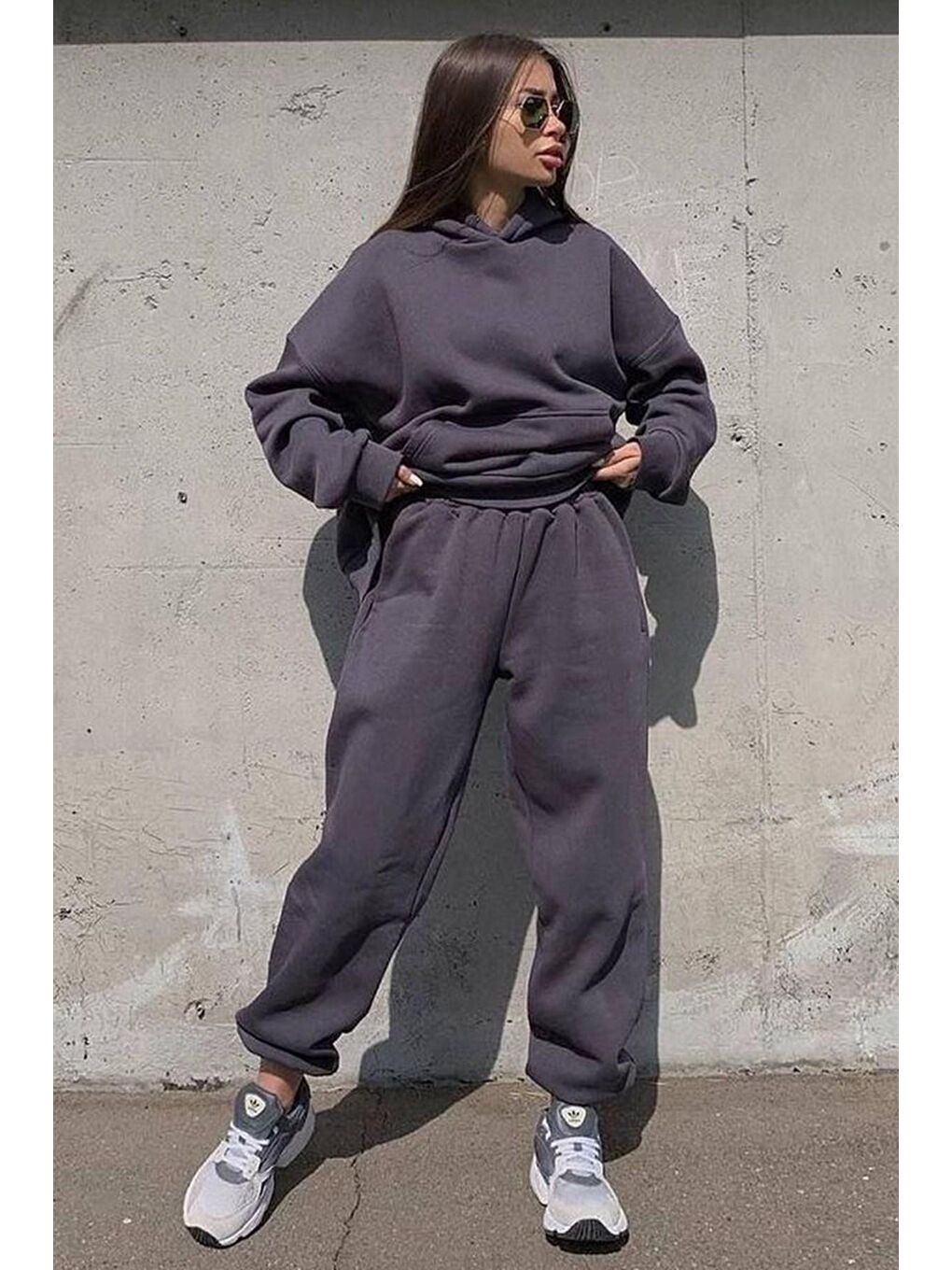 Gri Füme Kapüşonlu Oversize Kadın Eşofman Takımı Mg1609