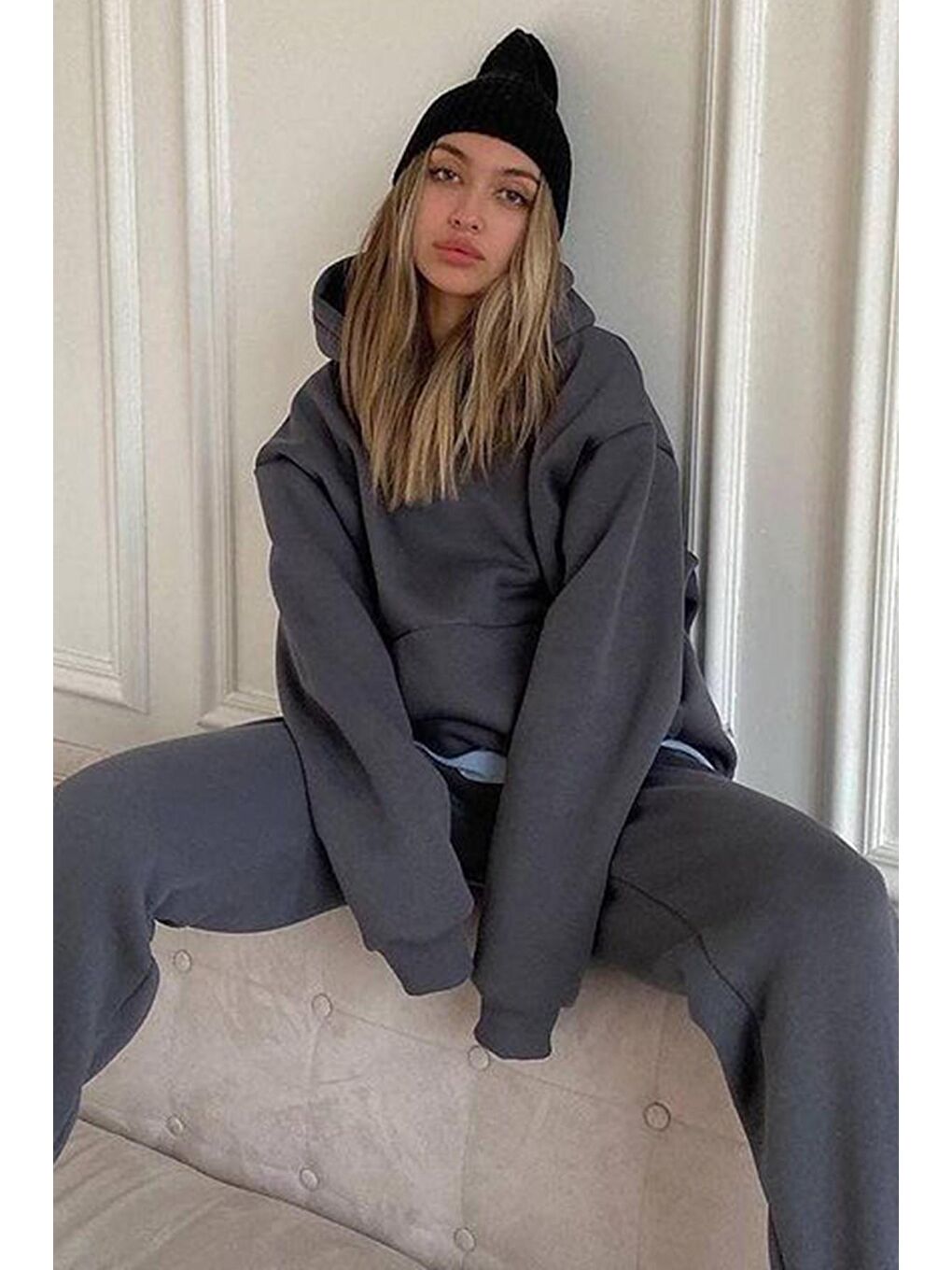 Gri Füme Kapüşonlu Oversize Kadın Eşofman Takımı Mg1609-1