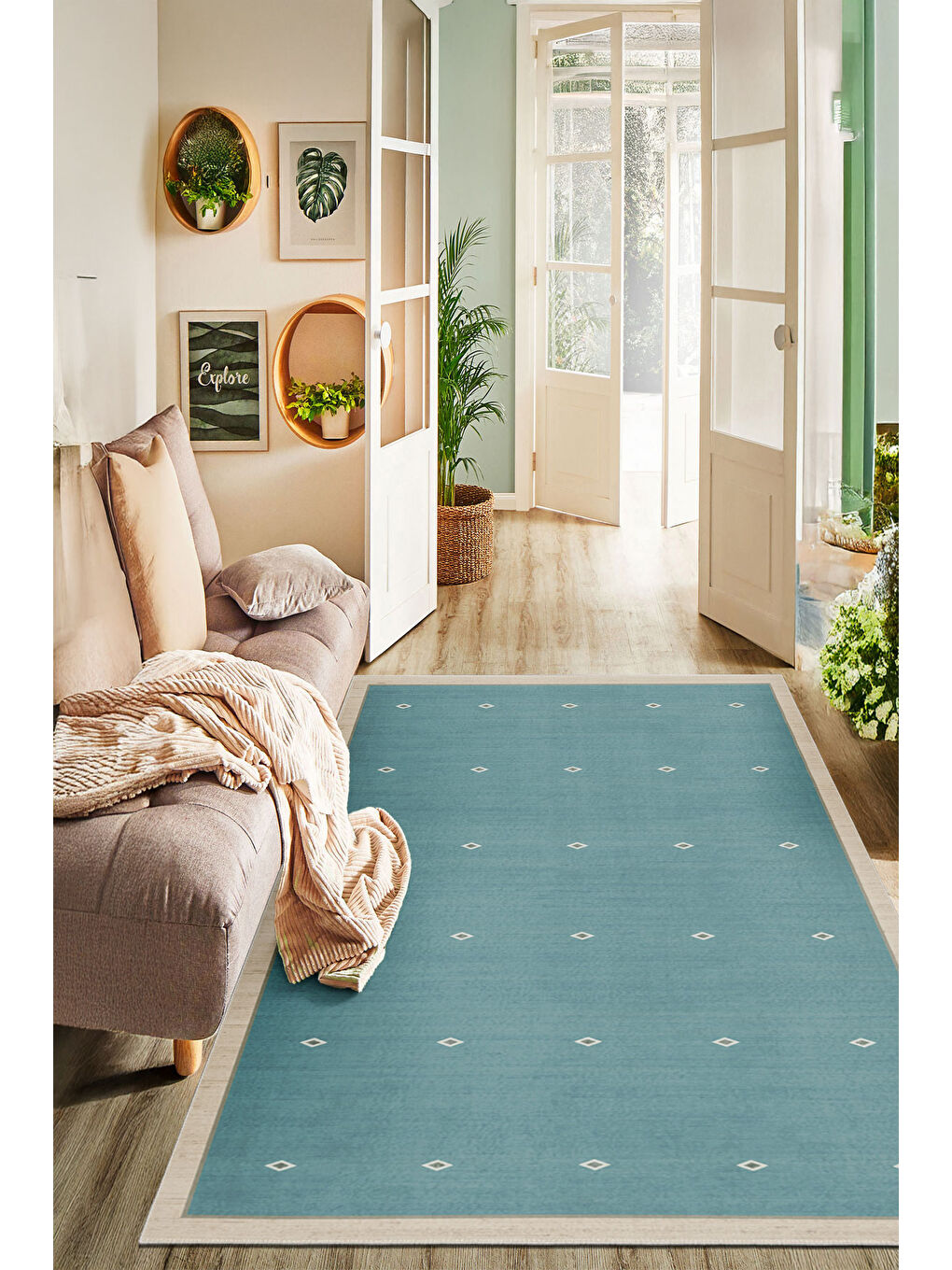 Mavi Dekoratif Özel Tasarım Yıkanabilir İnce Kaymaz Tabanlı Modern Halı KECE FR39-1