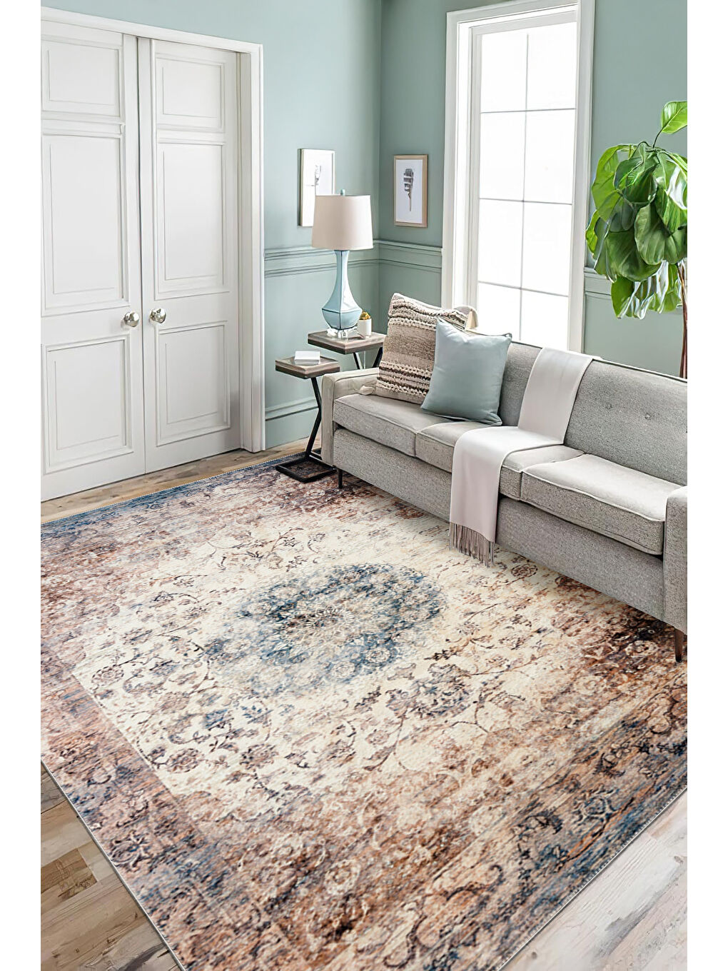 Bej Dekoratif Özel Tasarım Yıkanabilir İnce Kaymaz Tabanlı Modern Halı KECE FR38-2