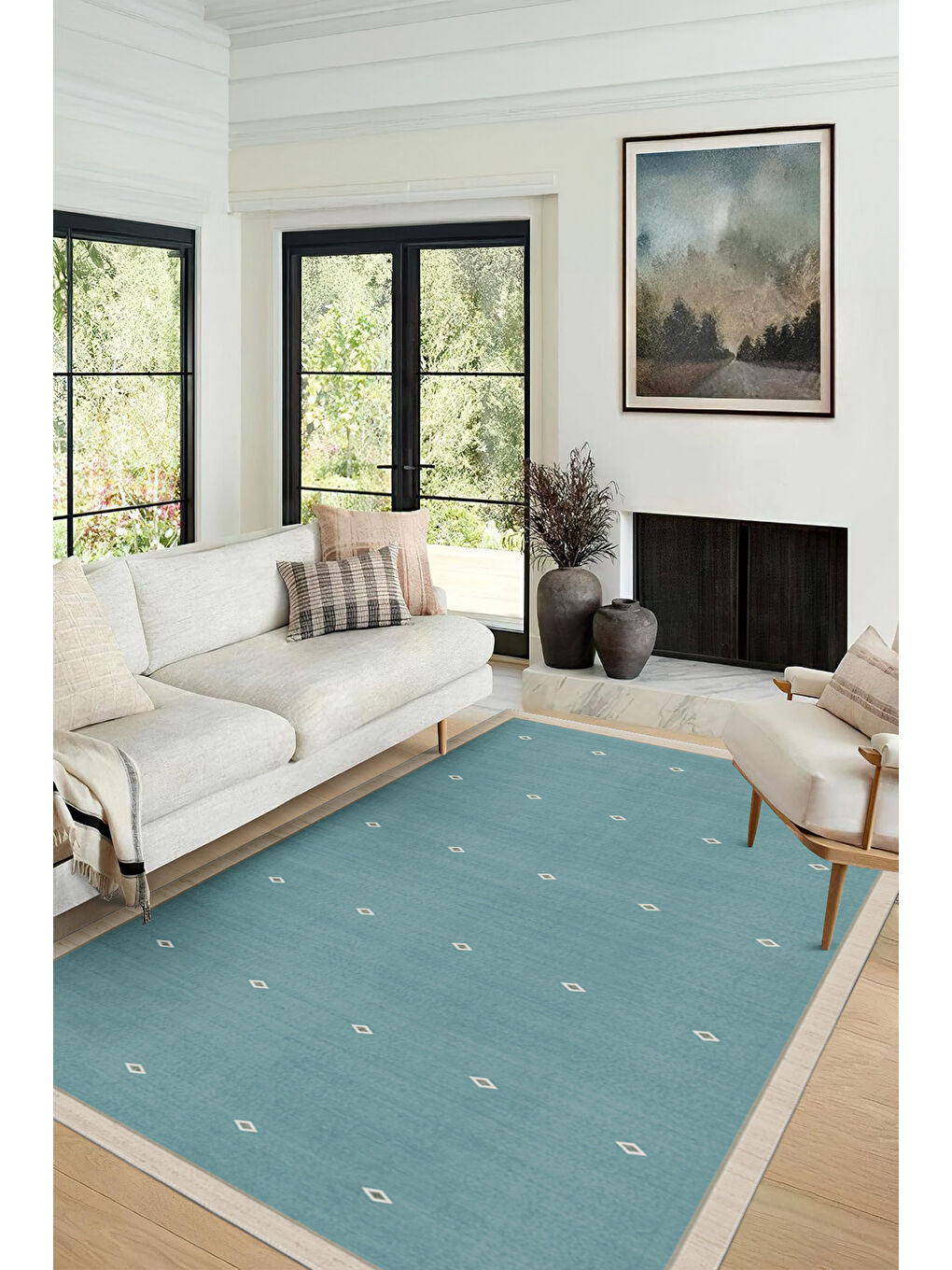 Mavi Dekoratif Özel Tasarım Yıkanabilir İnce Kaymaz Tabanlı Modern Halı KECE FR39-2