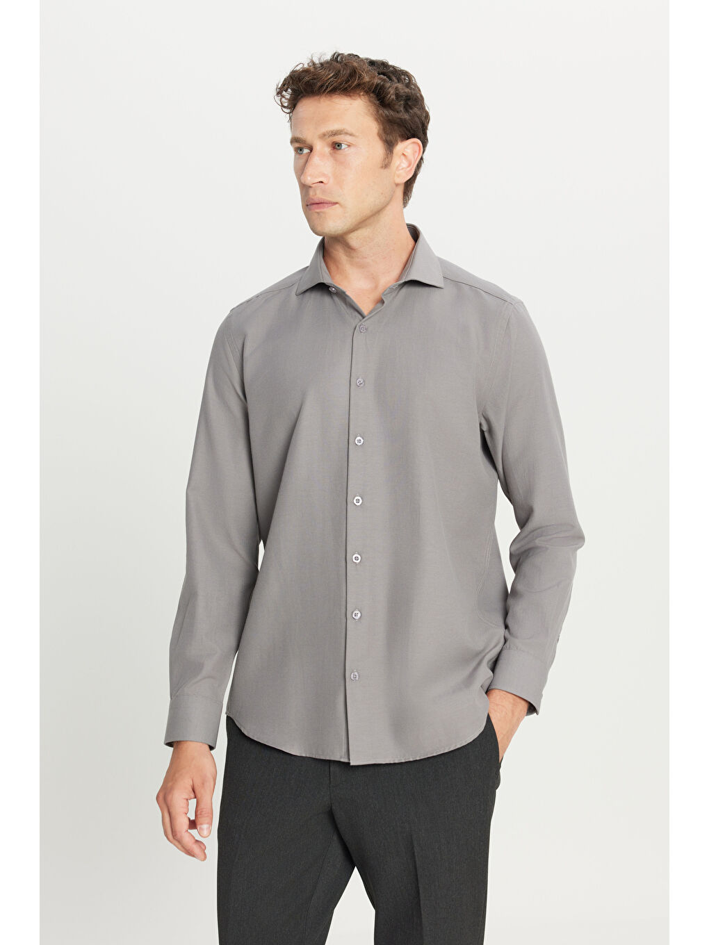 Erkek Gri Tailored Slim Fit Dar Kesim Küçük İtalyan Yaka Armürlü Oxford Gömlek-2