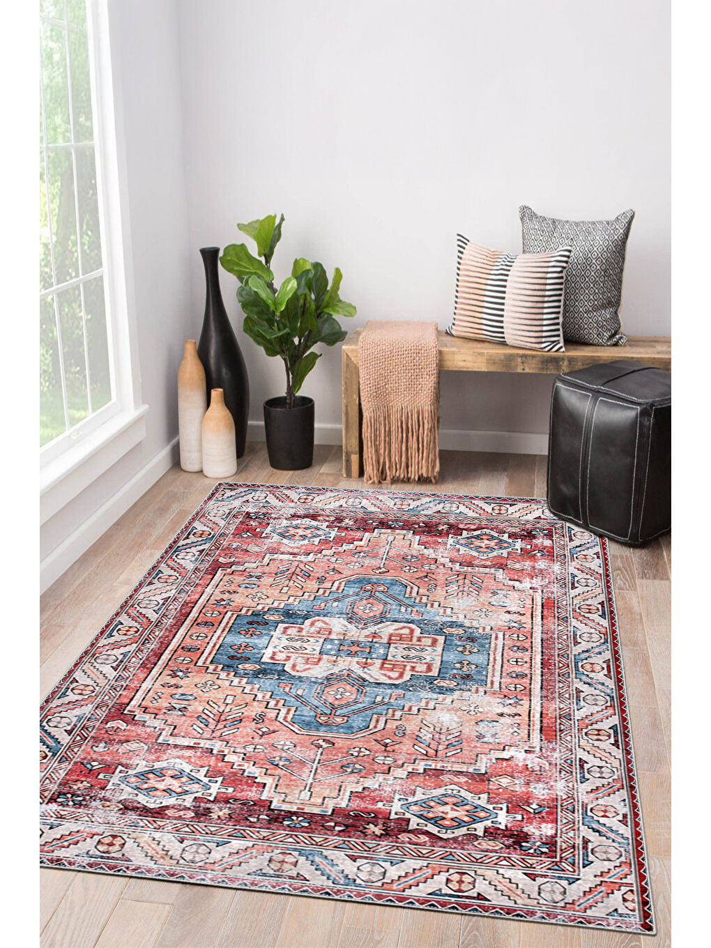 Kırmızı Dekoratif Özel Tasarım Yıkanabilir İnce Kaymaz Tabanlı Modern Halı KECE FR40-2