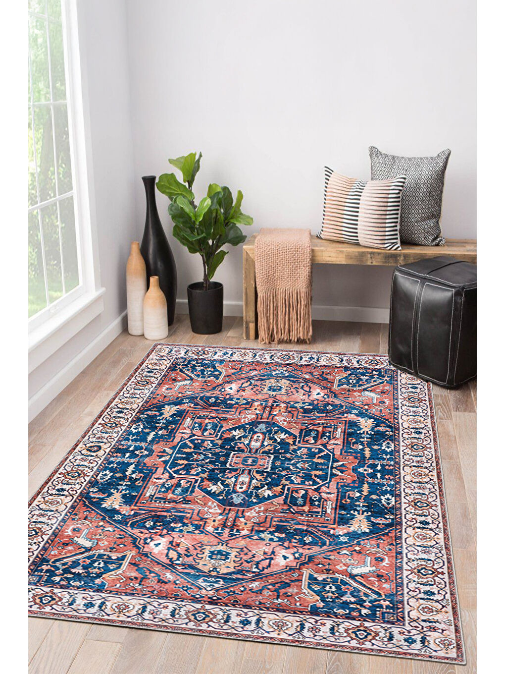 Mavi Dekoratif Özel Tasarım Yıkanabilir İnce Kaymaz Tabanlı Modern Halı KECE FR39-2