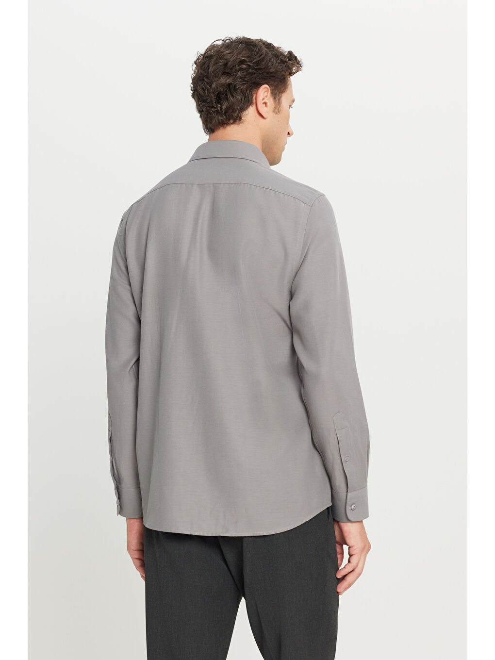 Erkek Gri Tailored Slim Fit Dar Kesim Küçük İtalyan Yaka Armürlü Oxford Gömlek-4