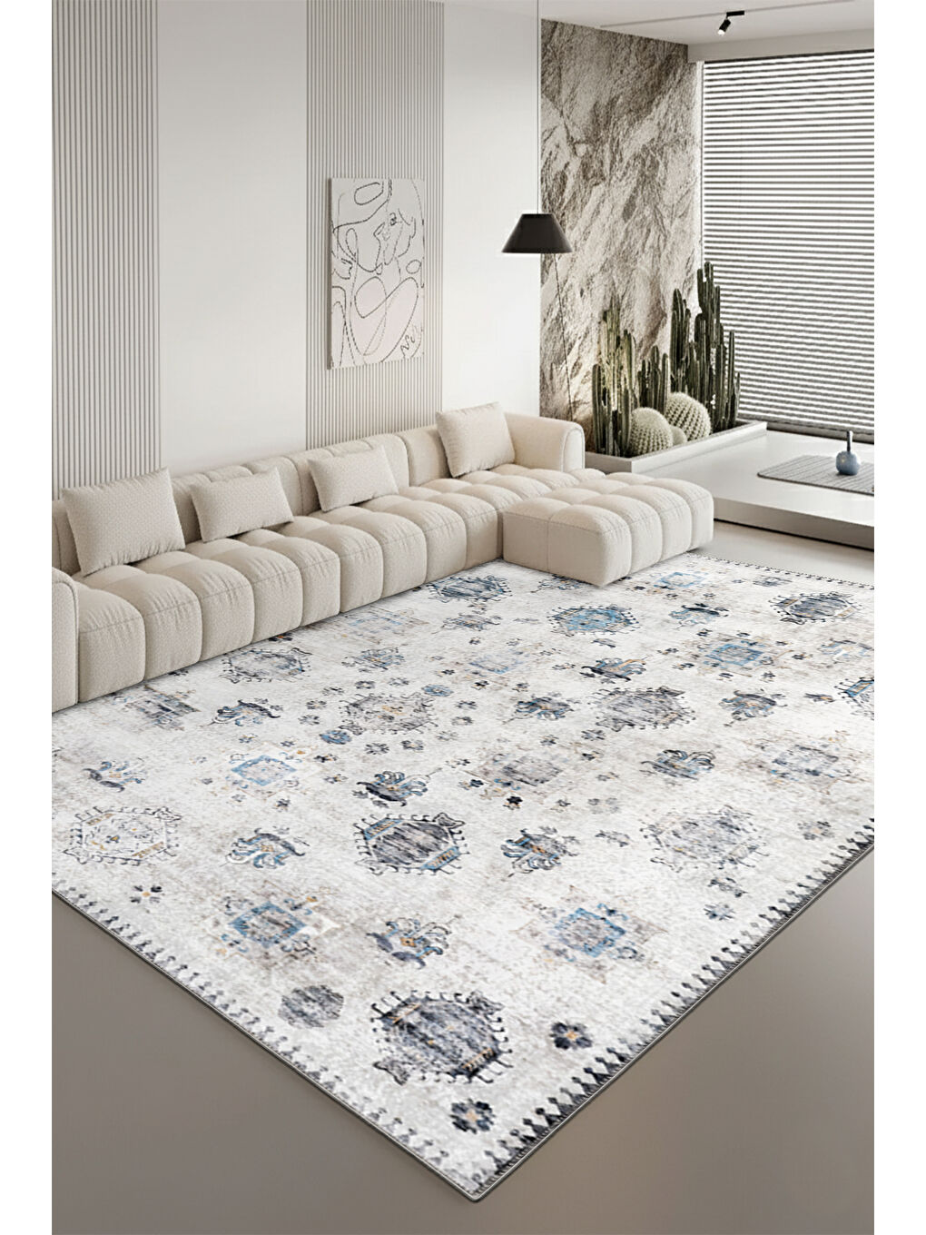 Beyaz Dekoratif Özel Tasarım Yıkanabilir İnce Kaymaz Tabanlı Modern Halı KECE FR36-2