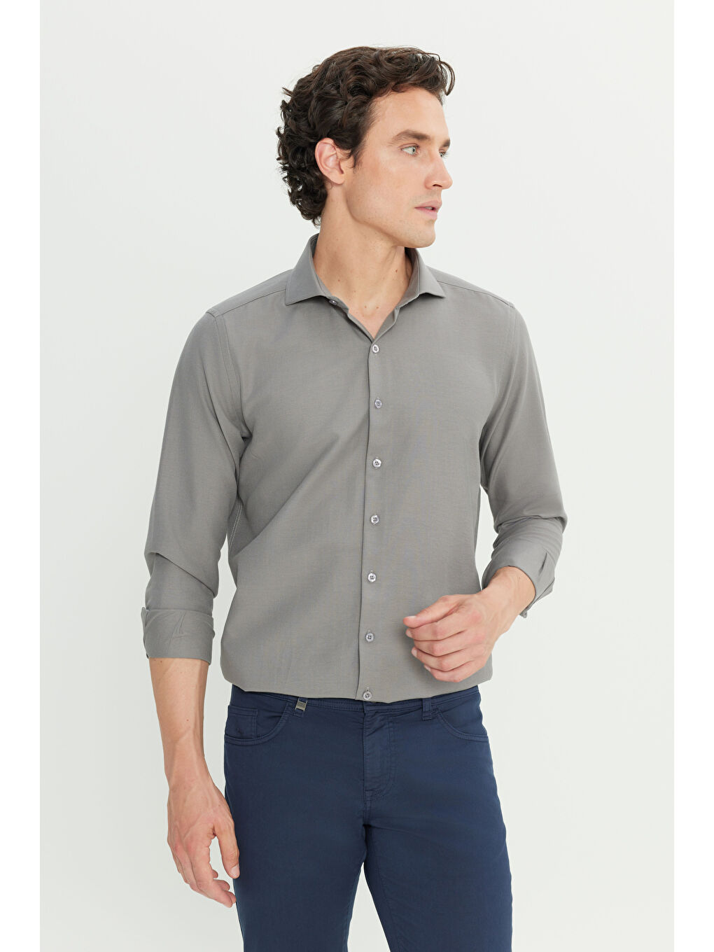 Erkek Gri Tailored Slim Fit Dar Kesim Küçük İtalyan Yaka Armürlü Oxford Gömlek-5