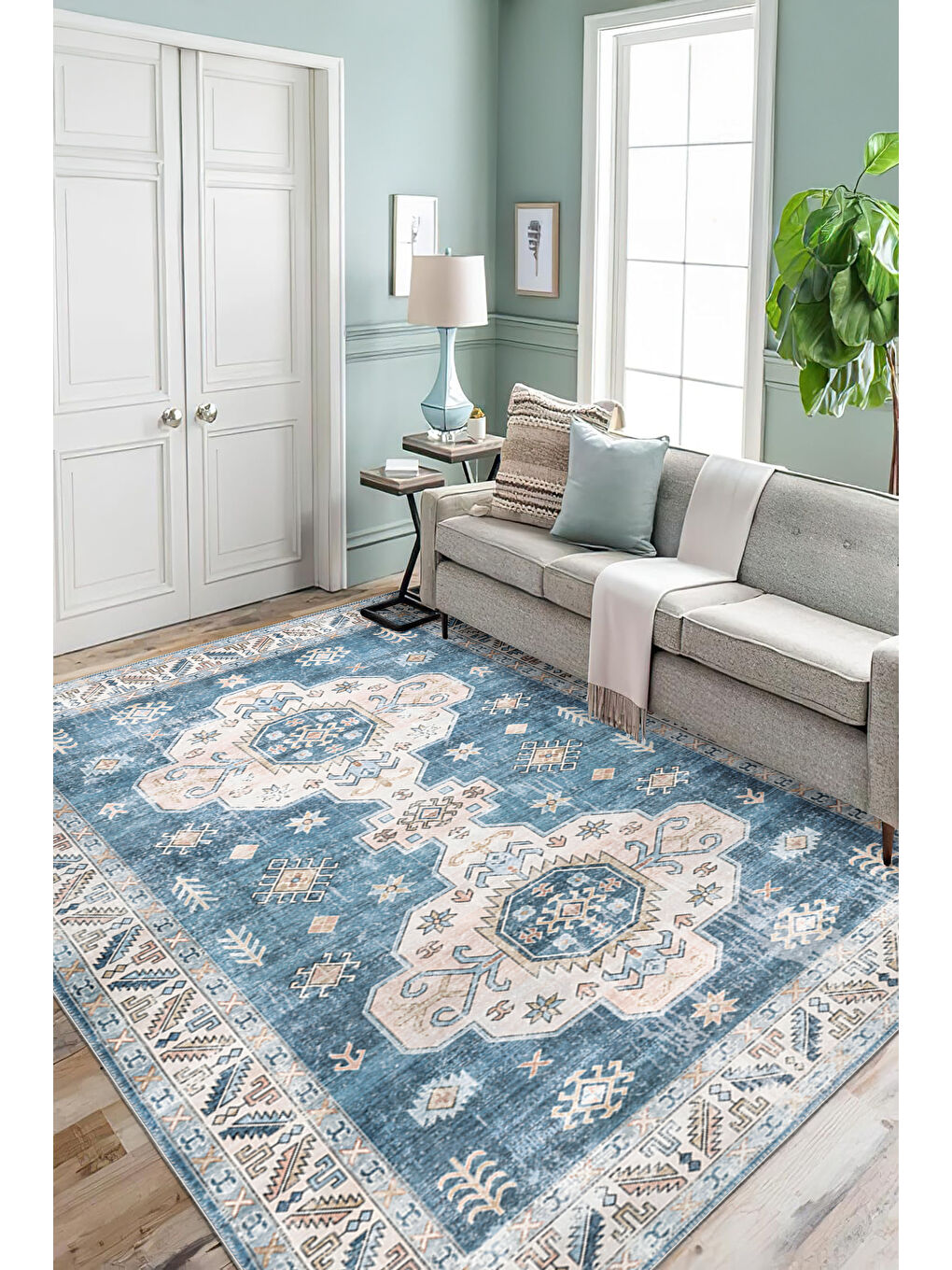 Mavi Dekoratif Özel Tasarım Yıkanabilir İnce Kaymaz Tabanlı Modern Halı KECE FR38-2