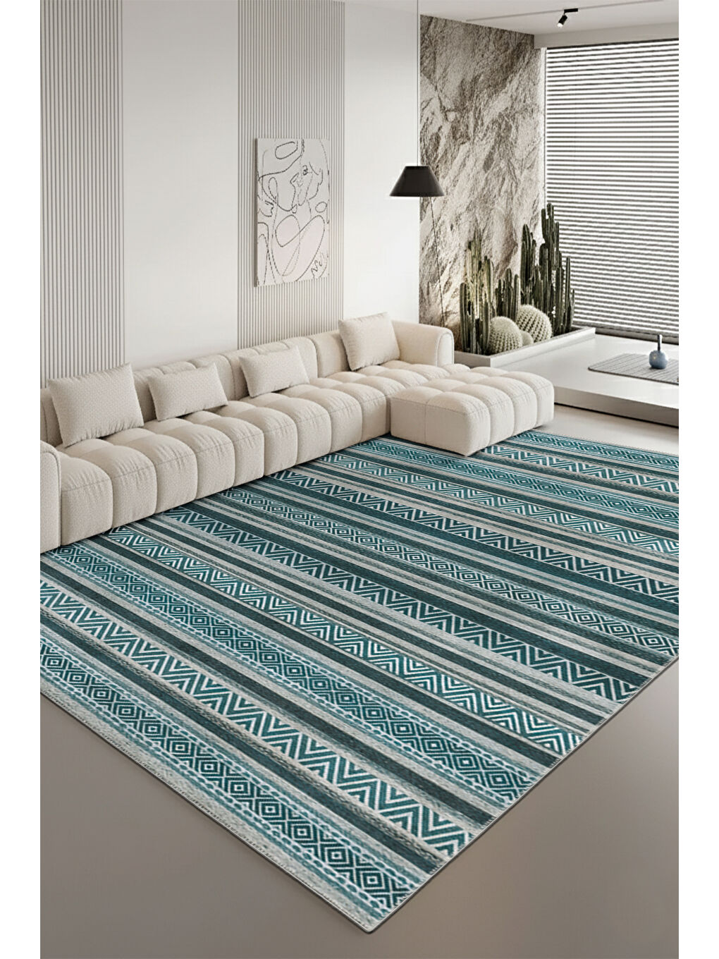 Mavi Dekoratif Özel Tasarım Yıkanabilir İnce Kaymaz Tabanlı Modern Halı KECE FR35-2