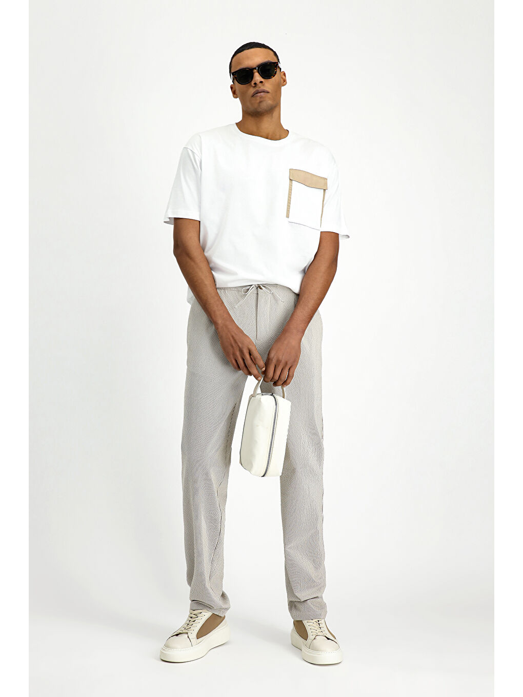 Kahverengi Elastanlı Çizgili Beli Lastikli İpli Pileli Klasik Kumaş Pantolon-3