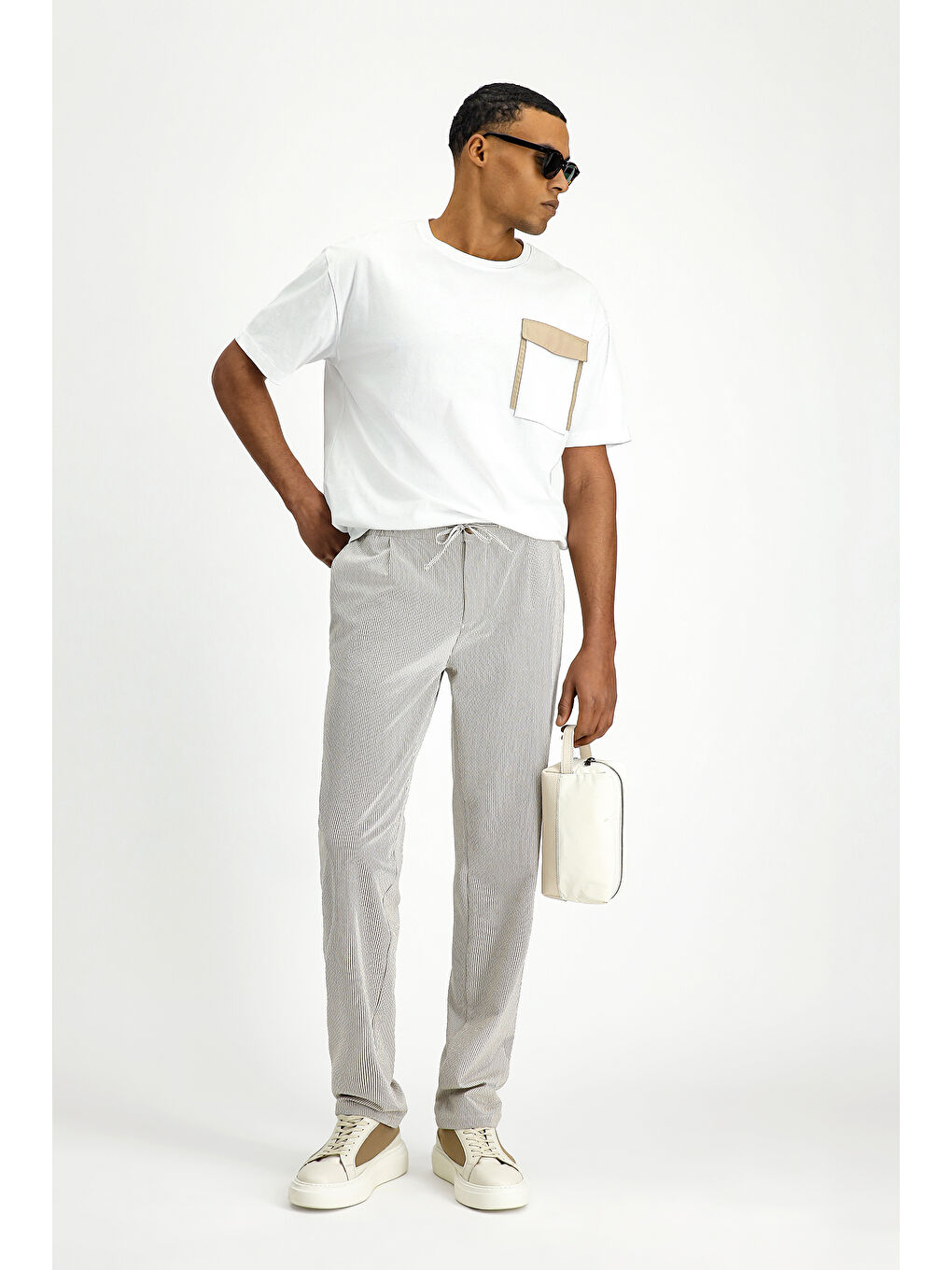 Kahverengi Elastanlı Çizgili Beli Lastikli İpli Pileli Klasik Kumaş Pantolon-4