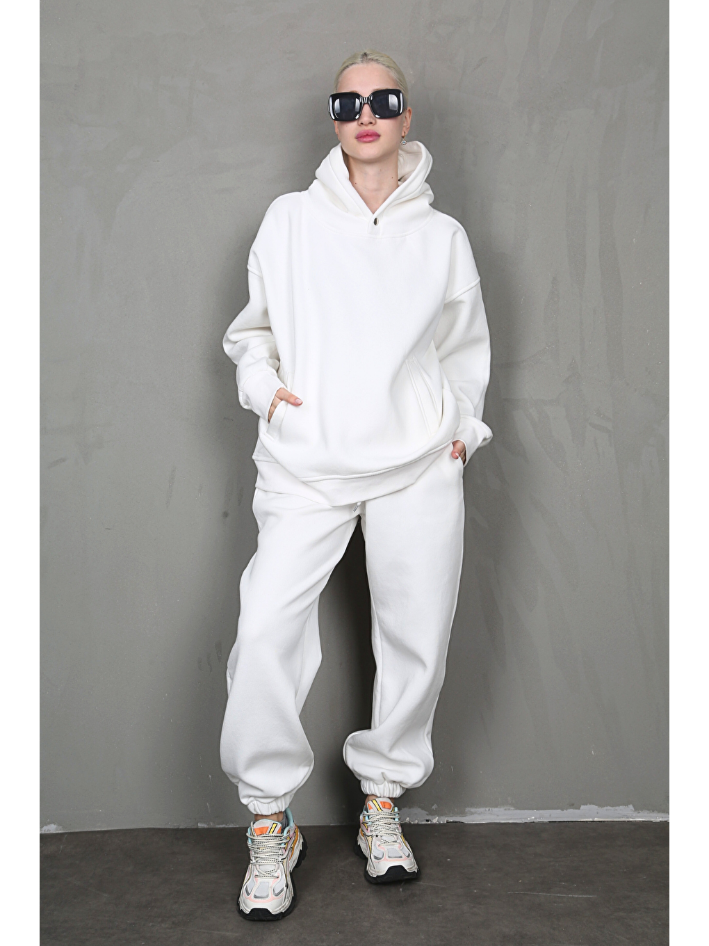 Ekru Kapüşonlu Oversize Kadın Eşofman Takım Mg1905