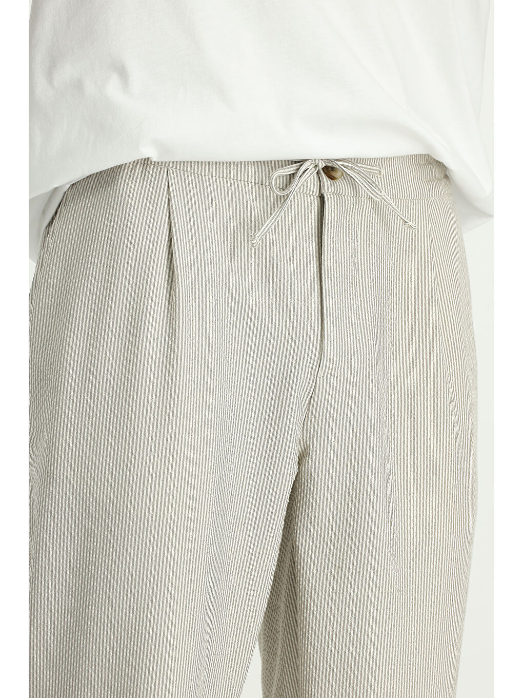 Kahverengi Elastanlı Çizgili Beli Lastikli İpli Pileli Klasik Kumaş Pantolon-6