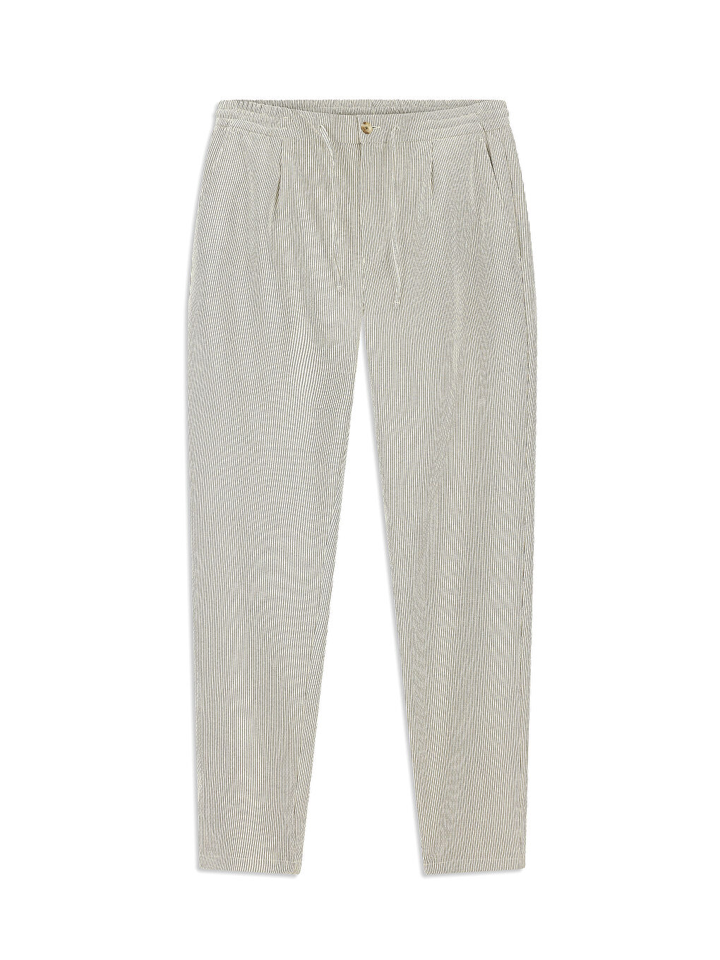 Kahverengi Elastanlı Çizgili Beli Lastikli İpli Pileli Klasik Kumaş Pantolon-8