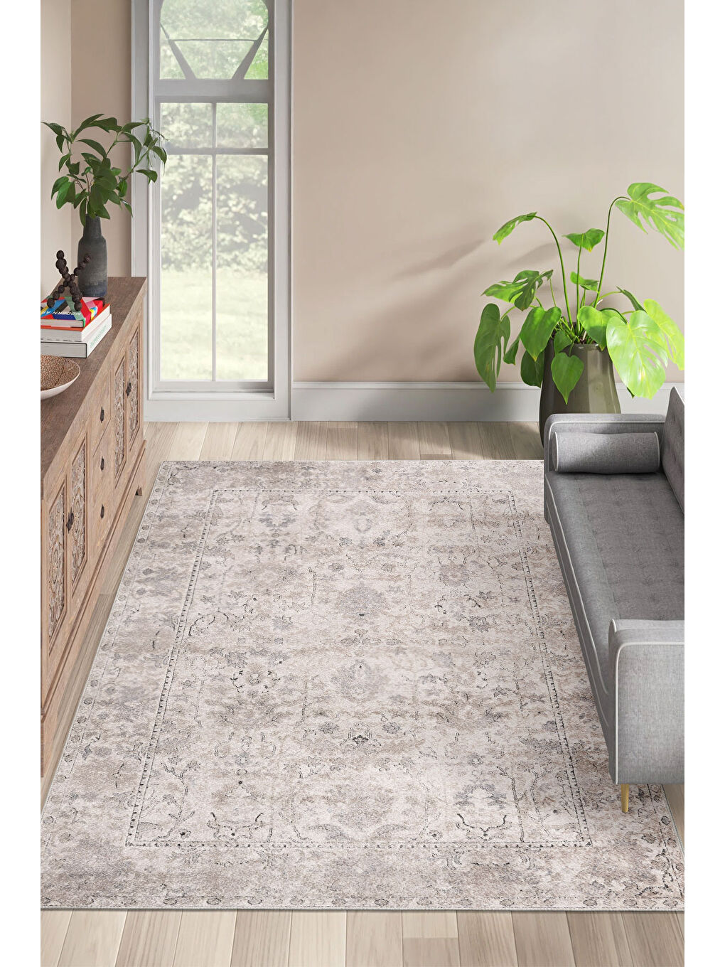 Bej Dekoratif Özel Tasarım Yıkanabilir İnce Kaymaz Tabanlı Modern Halı KECE FR04-1