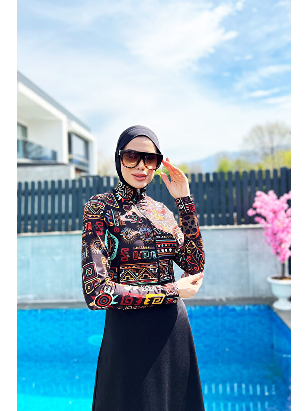 Siyah Fermuarlı Likralı Tam Kapalı Tesettür Mayo R076 Peru-2