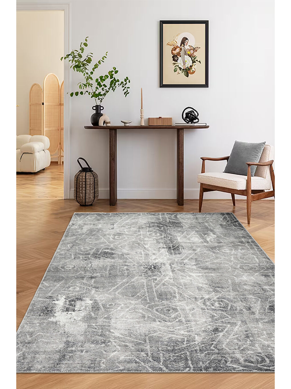 Gri Dekoratif Özel Tasarım Yıkanabilir İnce Kaymaz Tabanlı Modern Halı KECE FR02-2