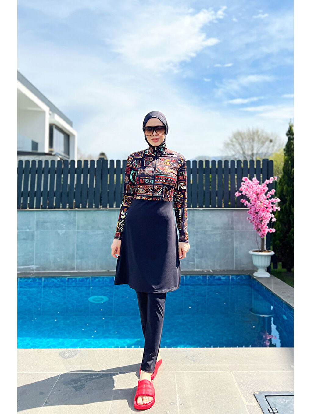 Siyah Fermuarlı Likralı Tam Kapalı Tesettür Mayo R076 Peru-3