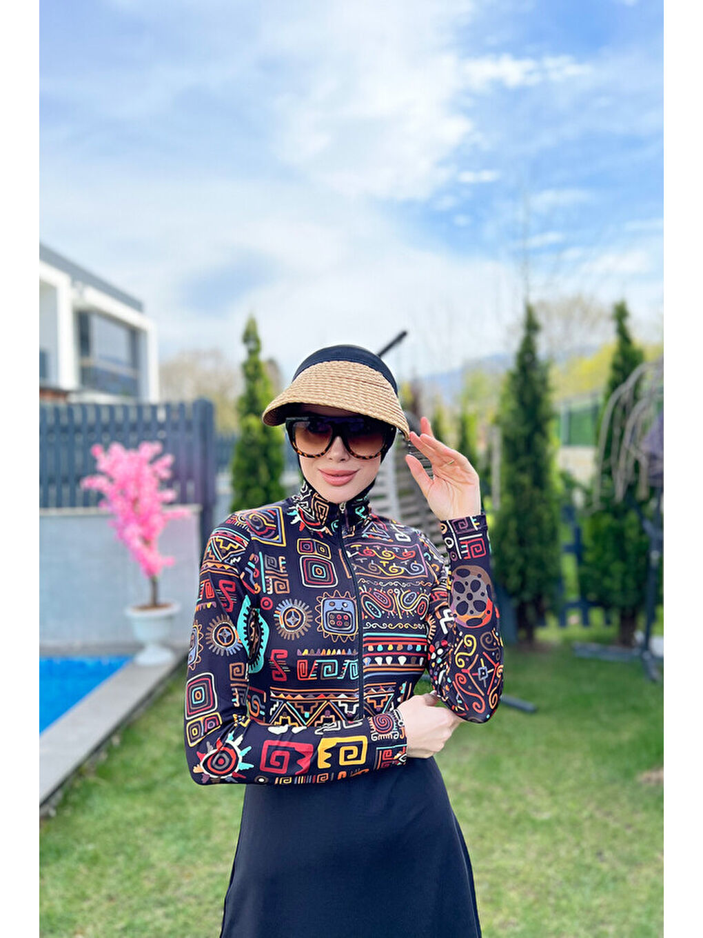 Siyah Fermuarlı Likralı Tam Kapalı Tesettür Mayo R076 Peru-4