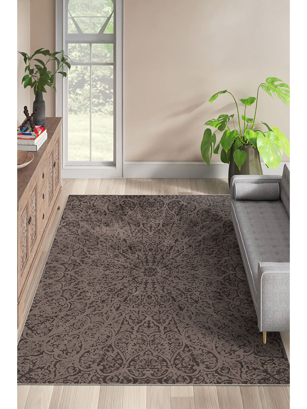 Kahverengi Dekoratif Özel Tasarım Yıkanabilir İnce Kaymaz Tabanlı Modern Halı KECE FR01-1