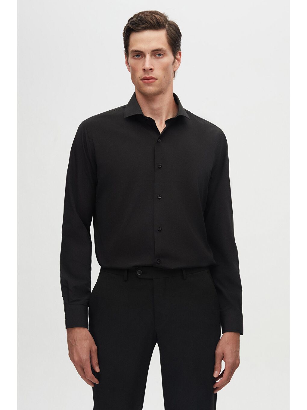Slim Fit Siyah İtalyan Yaka Dar Kesim Klasik Kravatlık Uzun Kol Kolay Ütülenebilir Gömlek