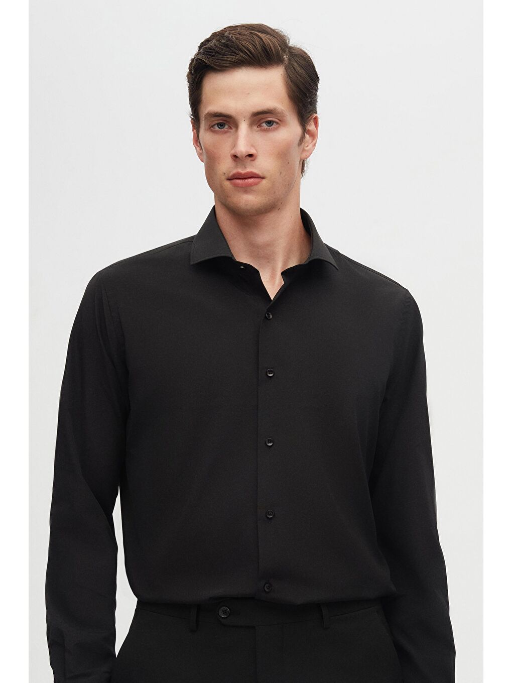 Slim Fit Siyah İtalyan Yaka Dar Kesim Klasik Kravatlık Uzun Kol Kolay Ütülenebilir Gömlek-2