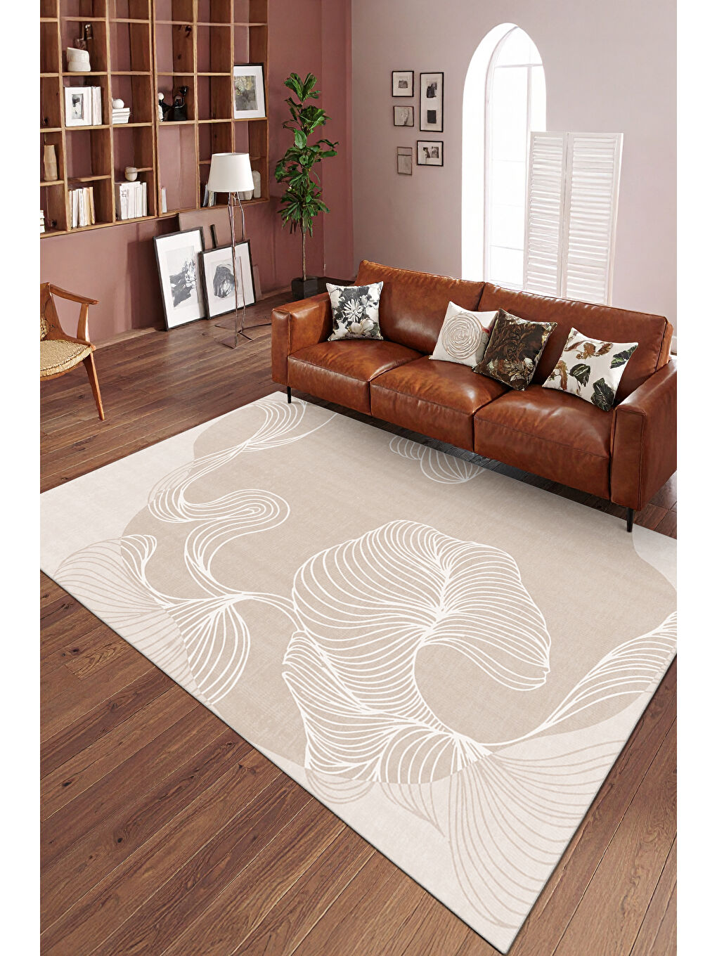 Ekru Dekoratif Özel Tasarım Yıkanabilir İnce Kaymaz Tabanlı Modern Halı KECE FR51-1