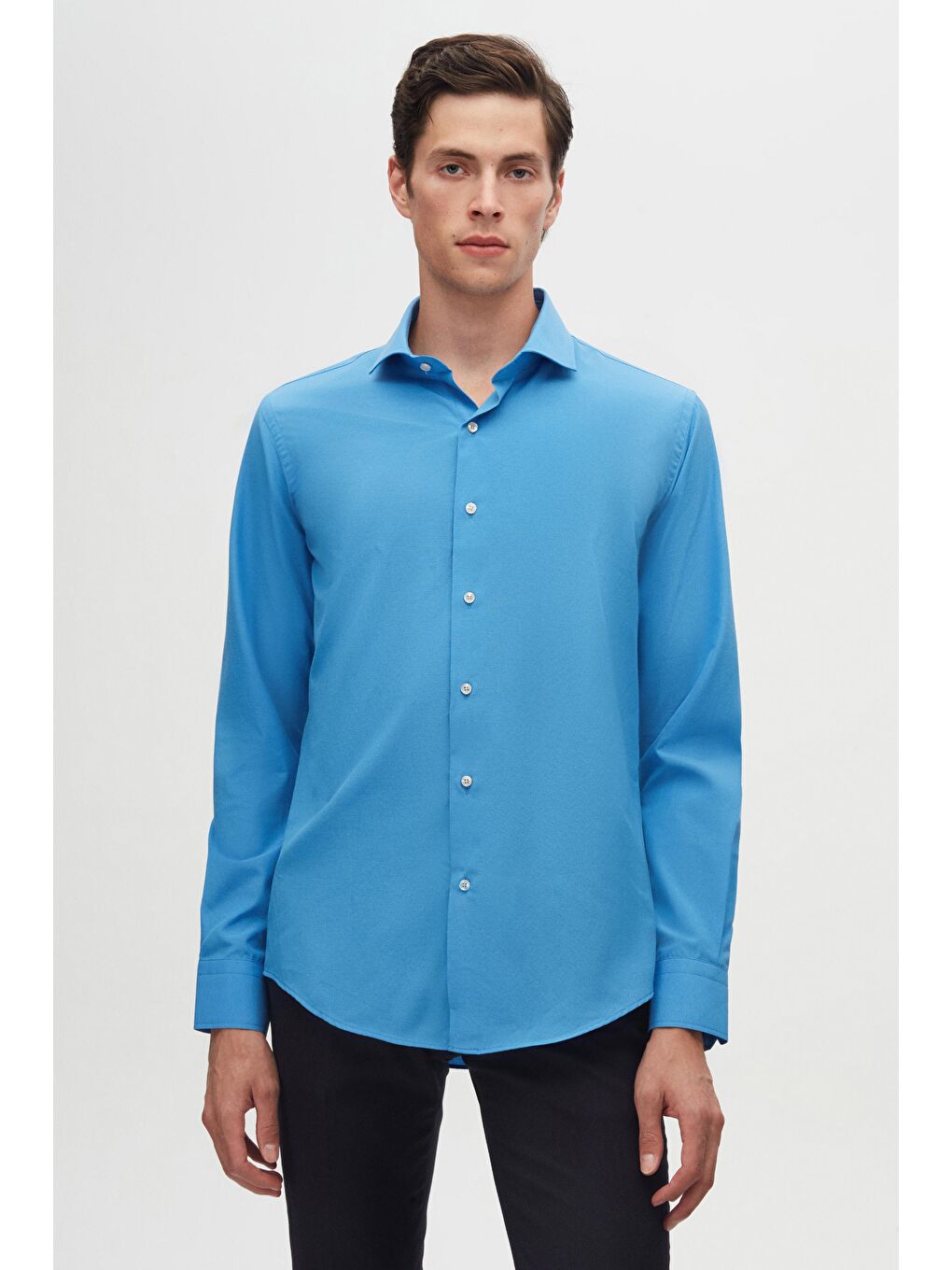 Slim Fit Mavi İtalyan Yaka Dar Kesim Klasik Kravatlık Uzun Kol Kolay Ütülenebilir Gömlek