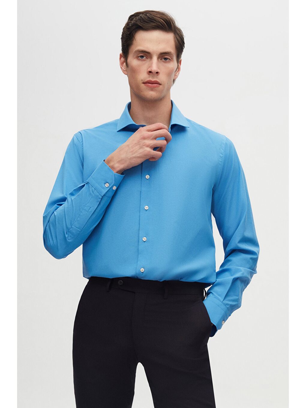 Slim Fit Mavi İtalyan Yaka Dar Kesim Klasik Kravatlık Uzun Kol Kolay Ütülenebilir Gömlek-1