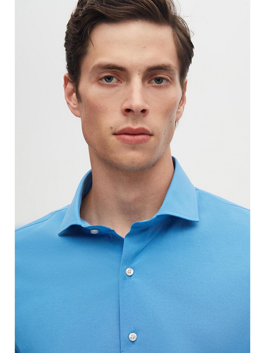 Slim Fit Mavi İtalyan Yaka Dar Kesim Klasik Kravatlık Uzun Kol Kolay Ütülenebilir Gömlek-2