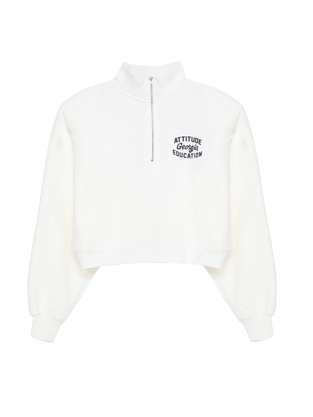 QUZU Ekru Sırtı Yazı Baskılı Crop Sweatshirt Ekru