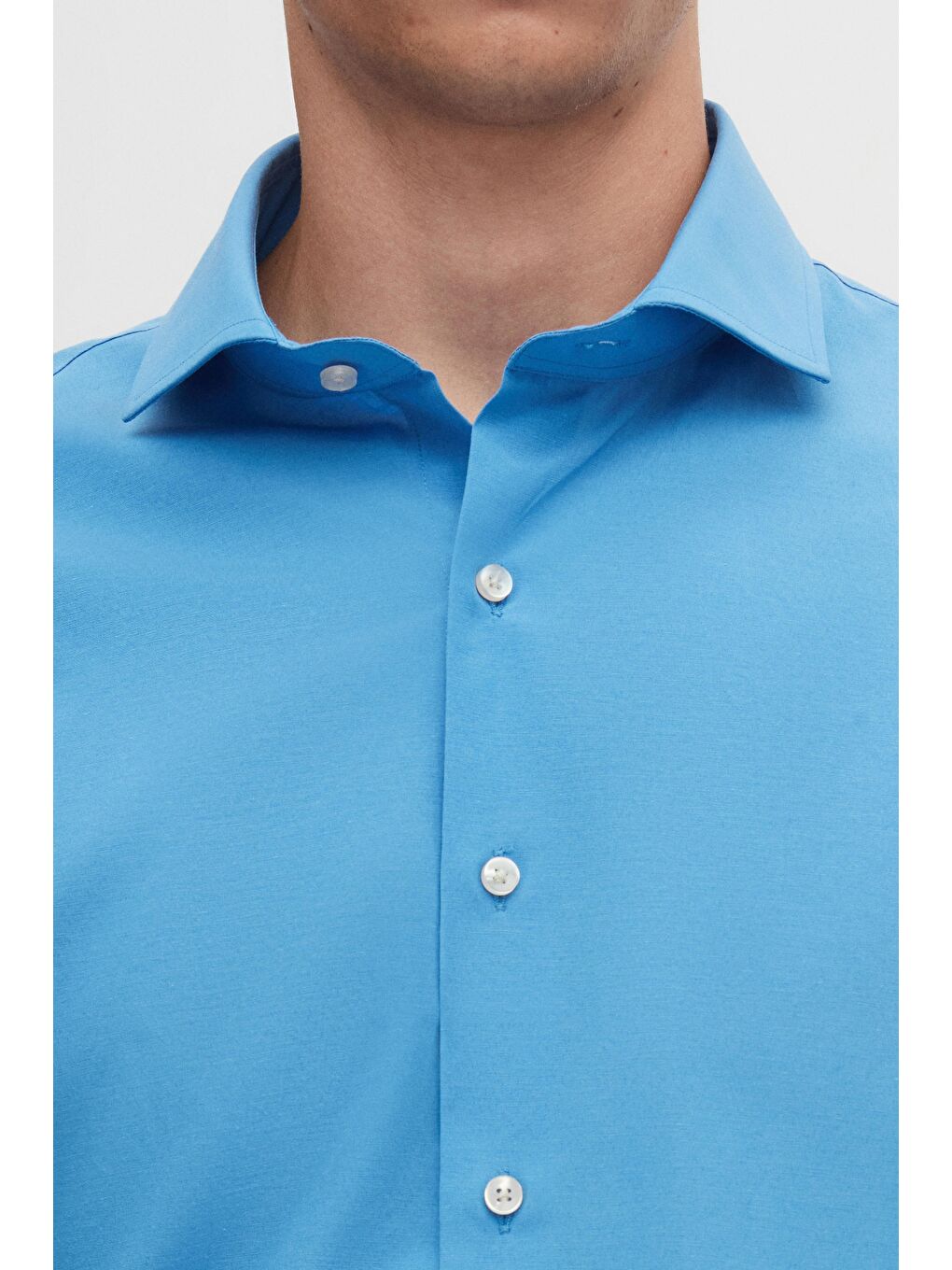 Slim Fit Mavi İtalyan Yaka Dar Kesim Klasik Kravatlık Uzun Kol Kolay Ütülenebilir Gömlek-3