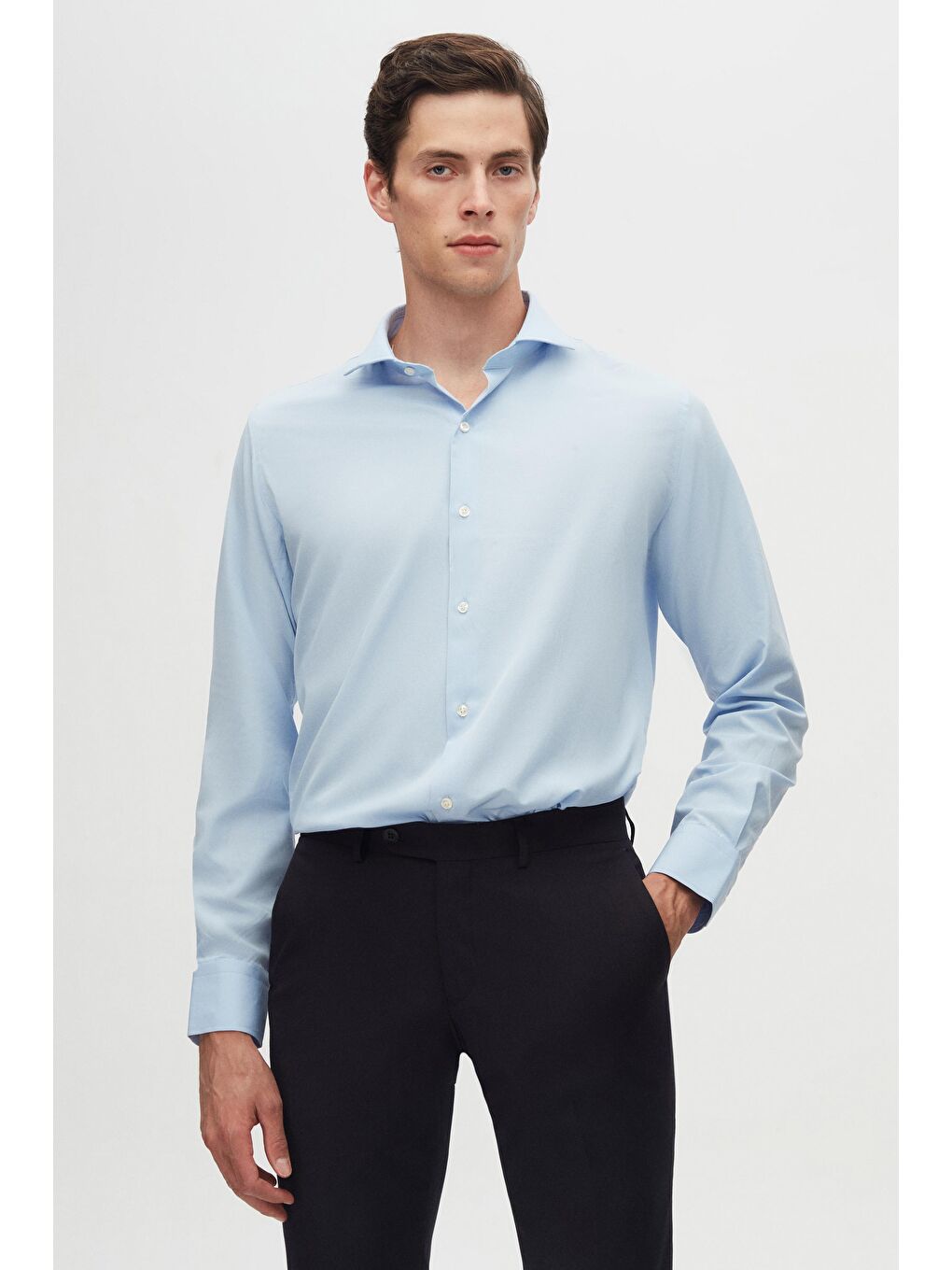 Slim Fit Açık Mavi Klasik Kravatlık Uzun Kol Kolay Ütülenebilir Gömlek-1