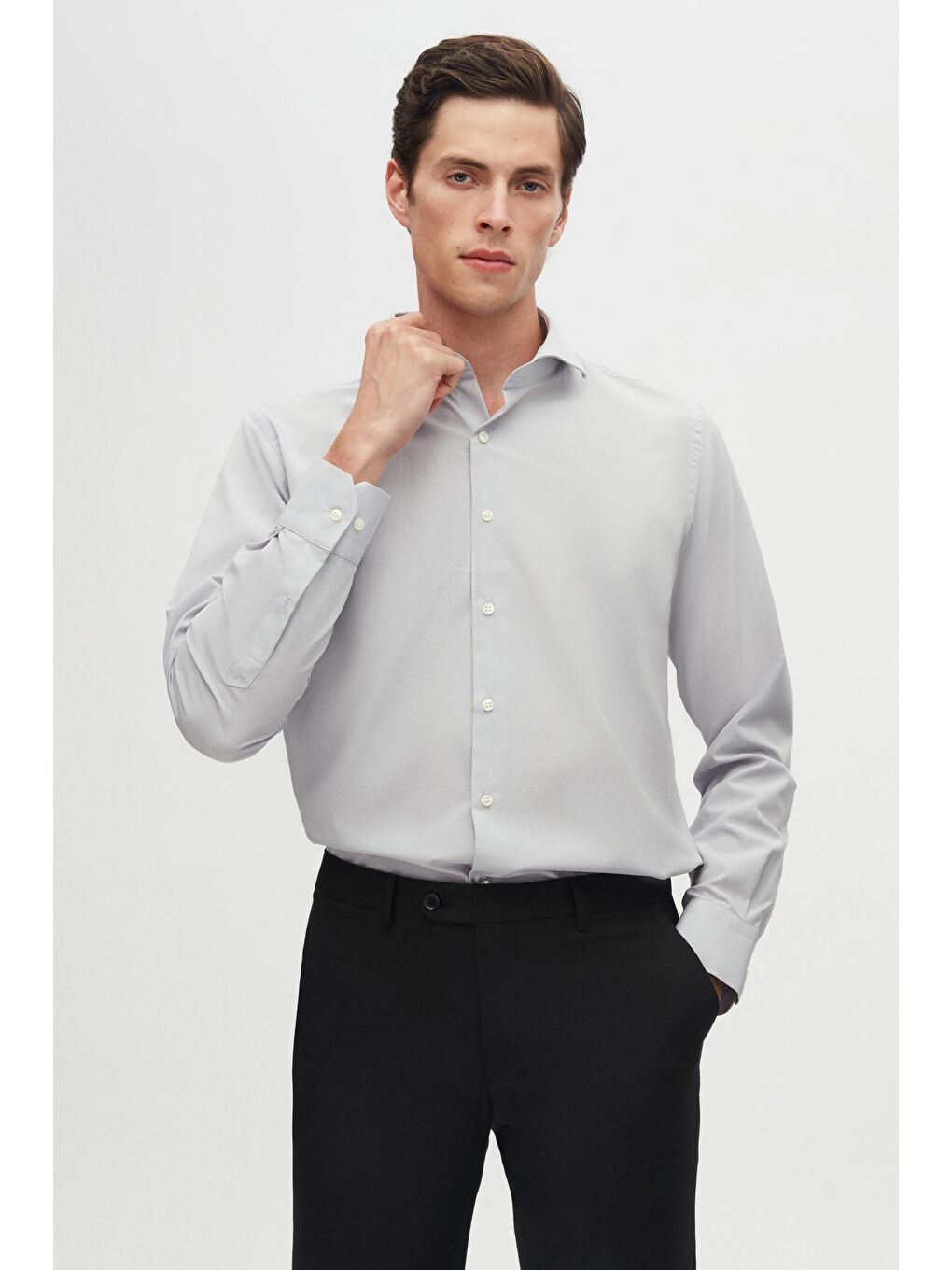 Slim Fit Gri İtalyan Yaka Dar Kesim Klasik Kravatlık Uzun Kol Kolay Ütülenebilir Gömlek-1
