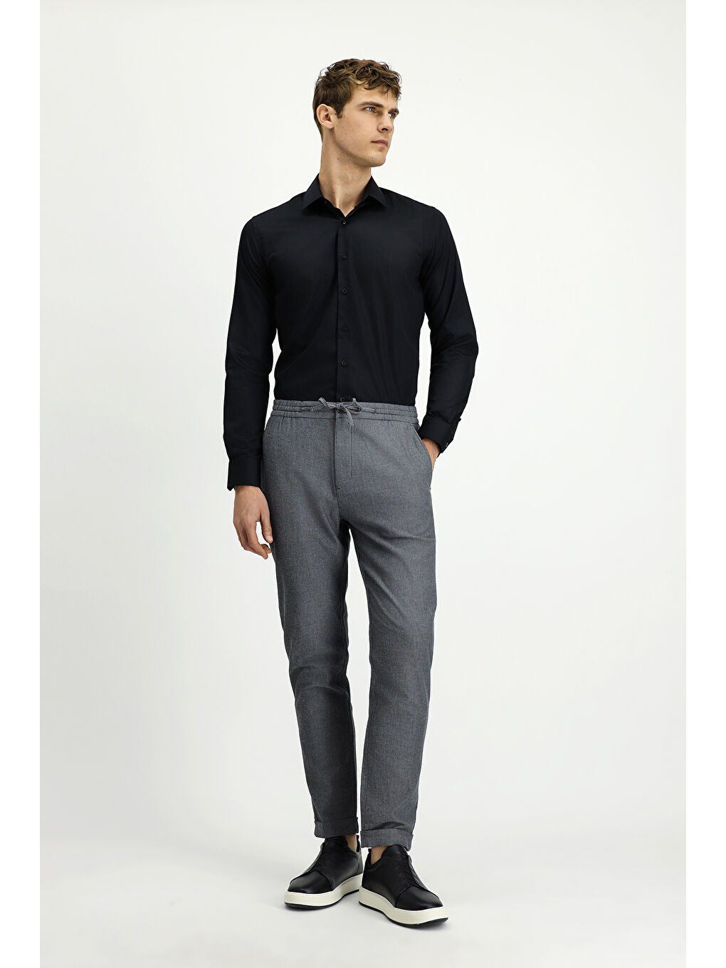 Gri Slim Fit Dar Kesim Desenli Beli Lastikli İpli Elastanlı Pantolon