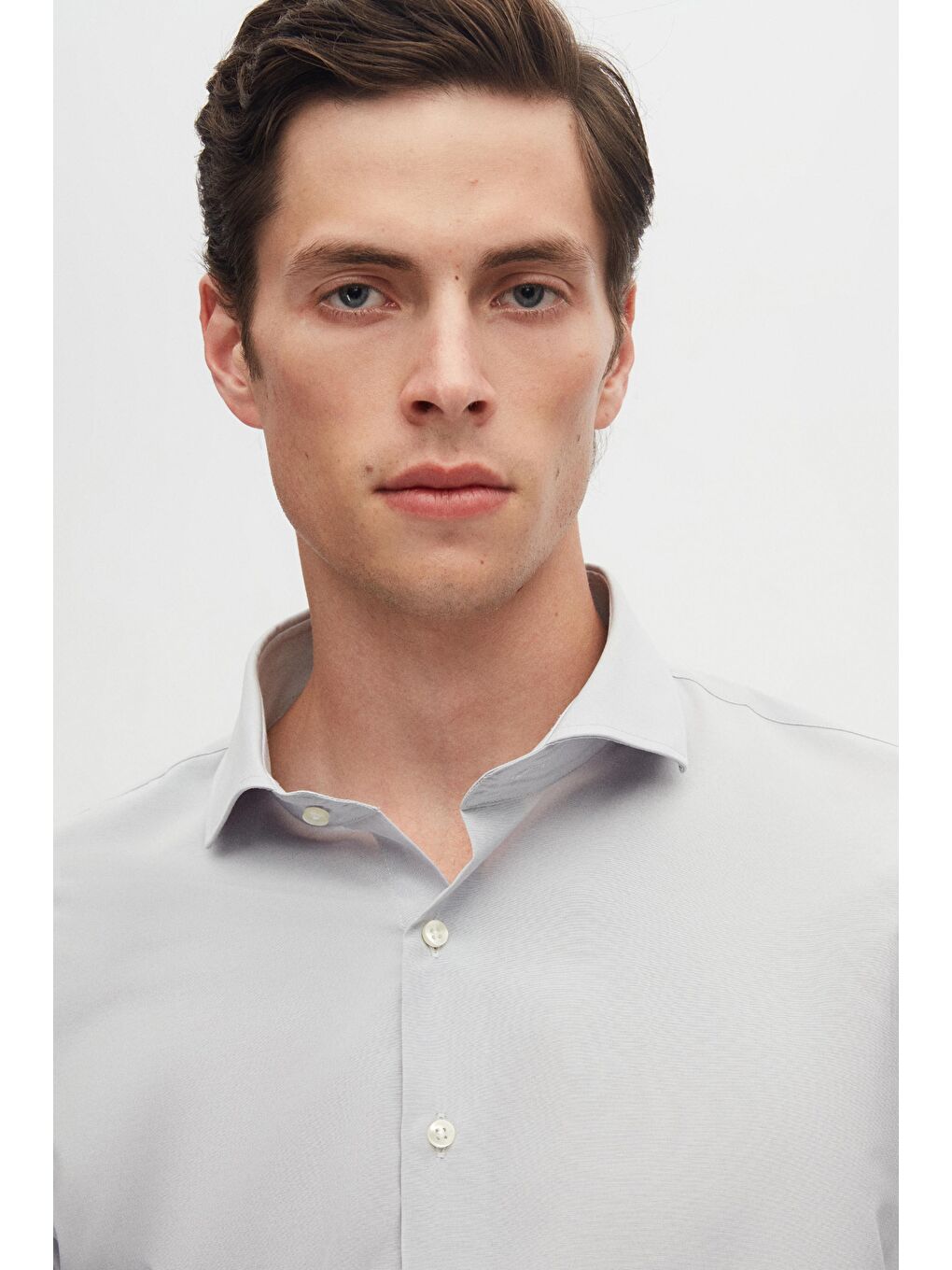 Slim Fit Gri İtalyan Yaka Dar Kesim Klasik Kravatlık Uzun Kol Kolay Ütülenebilir Gömlek-2