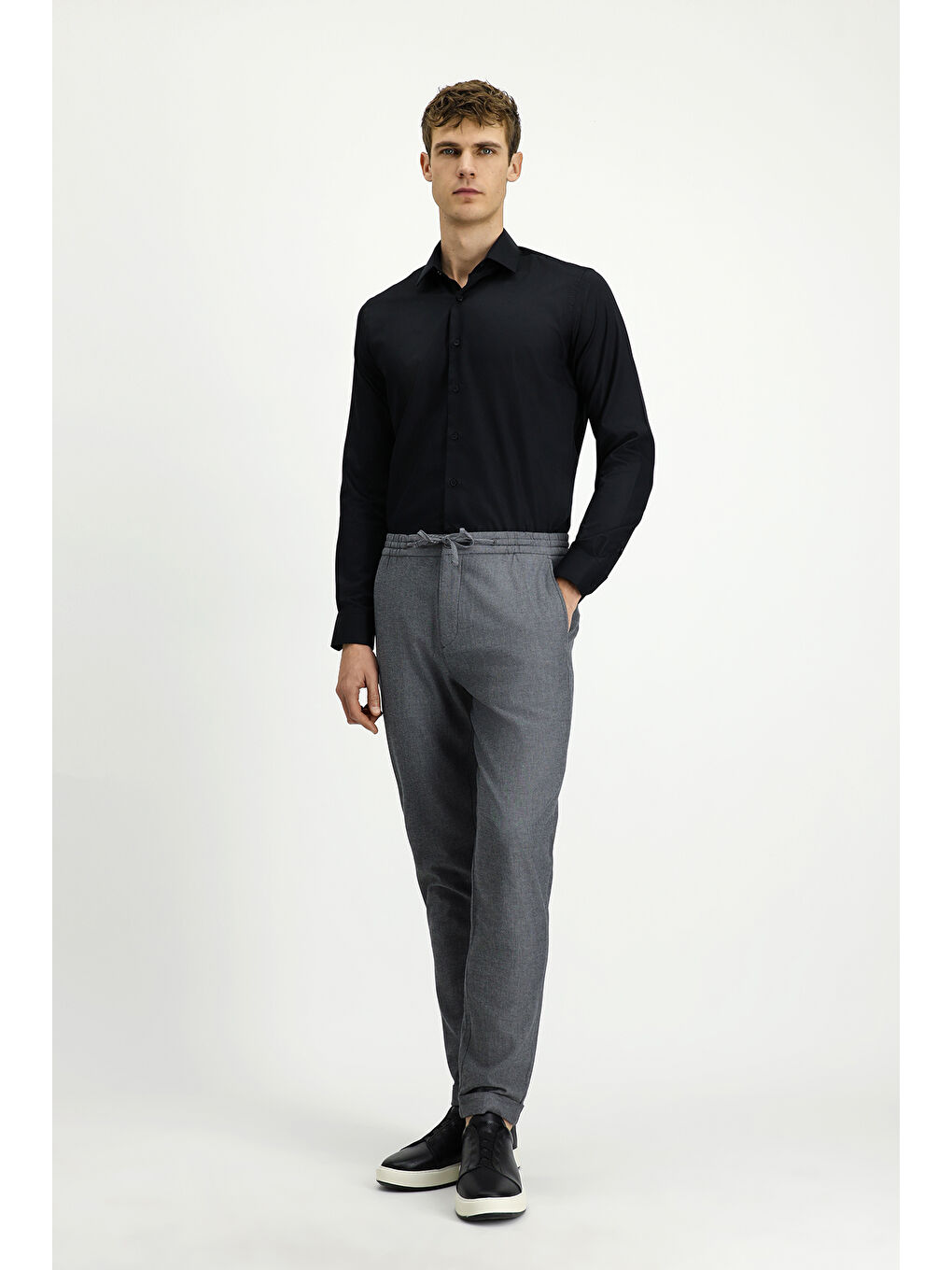 Gri Slim Fit Dar Kesim Desenli Beli Lastikli İpli Elastanlı Pantolon-2