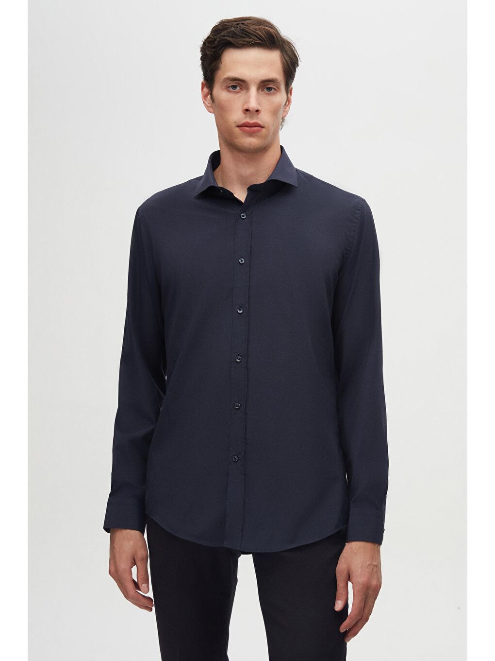 Slim Fit Lacivert Klasik Kravatlık Uzun Kol Kolay Ütülenebilir Gömlek
