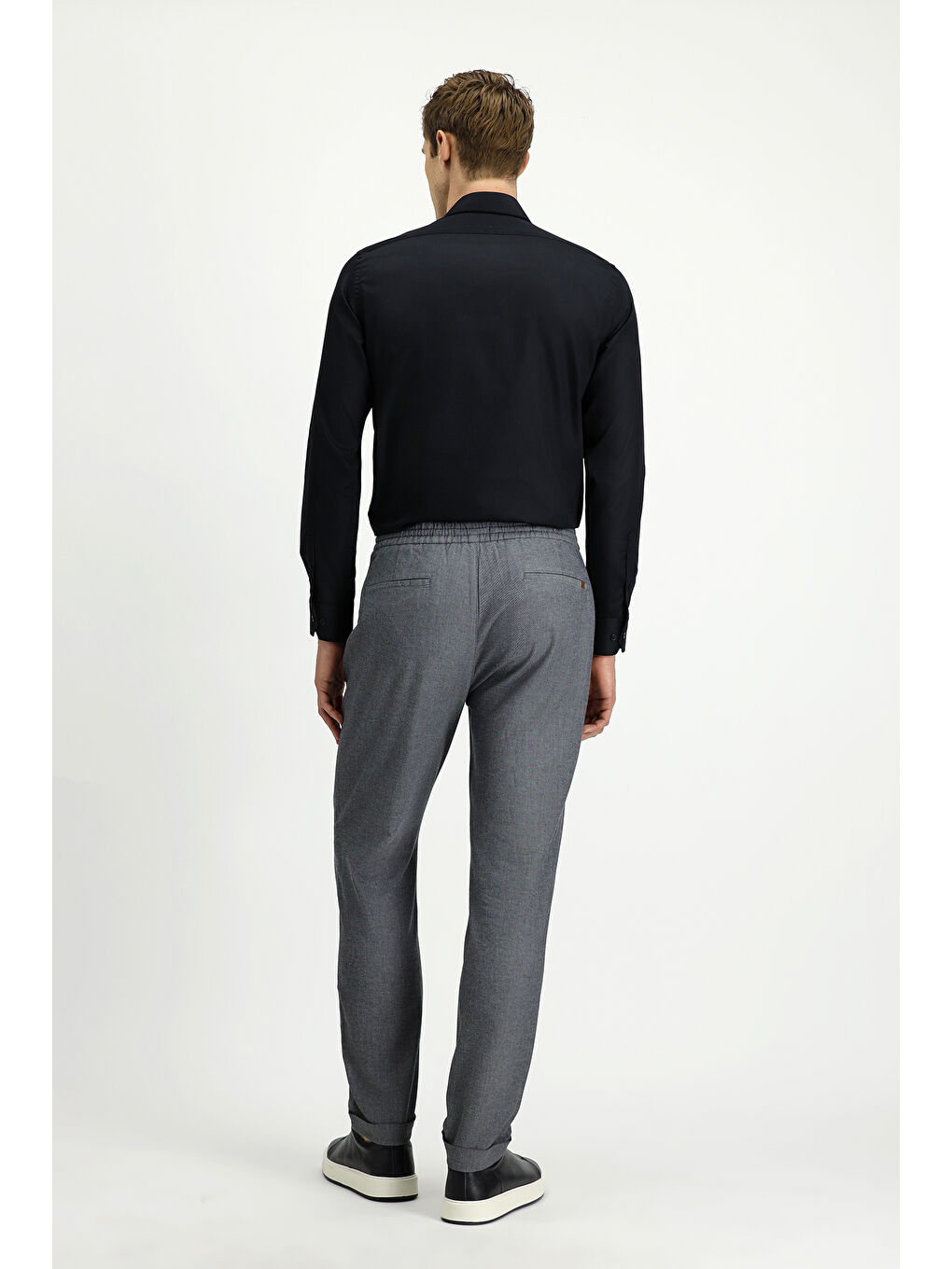 Gri Slim Fit Dar Kesim Desenli Beli Lastikli İpli Elastanlı Pantolon-3