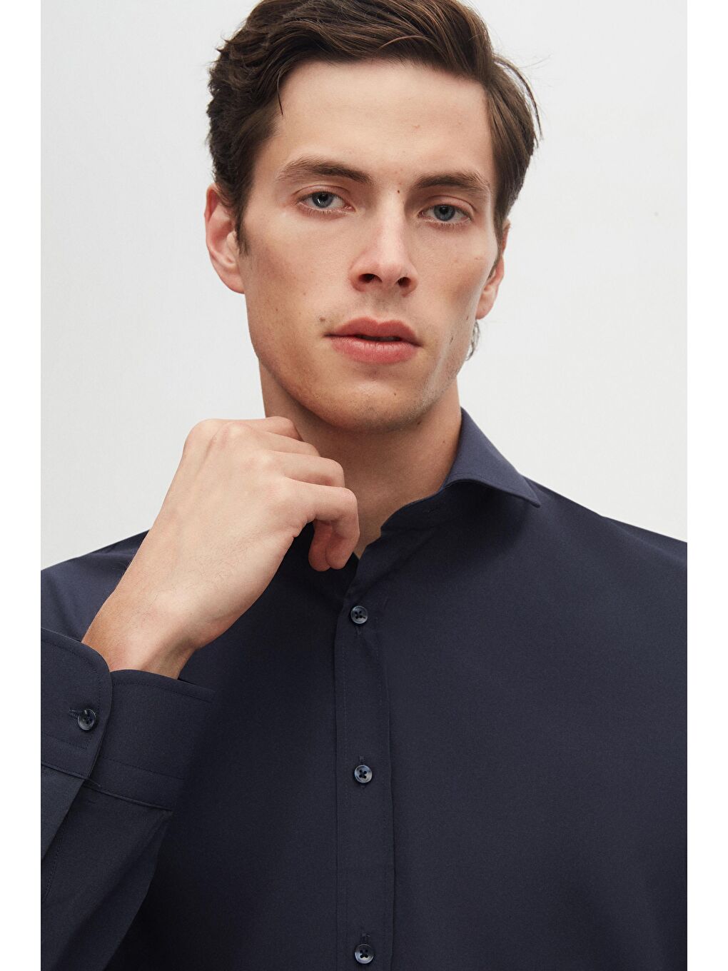 Slim Fit Lacivert Klasik Kravatlık Uzun Kol Kolay Ütülenebilir Gömlek-2
