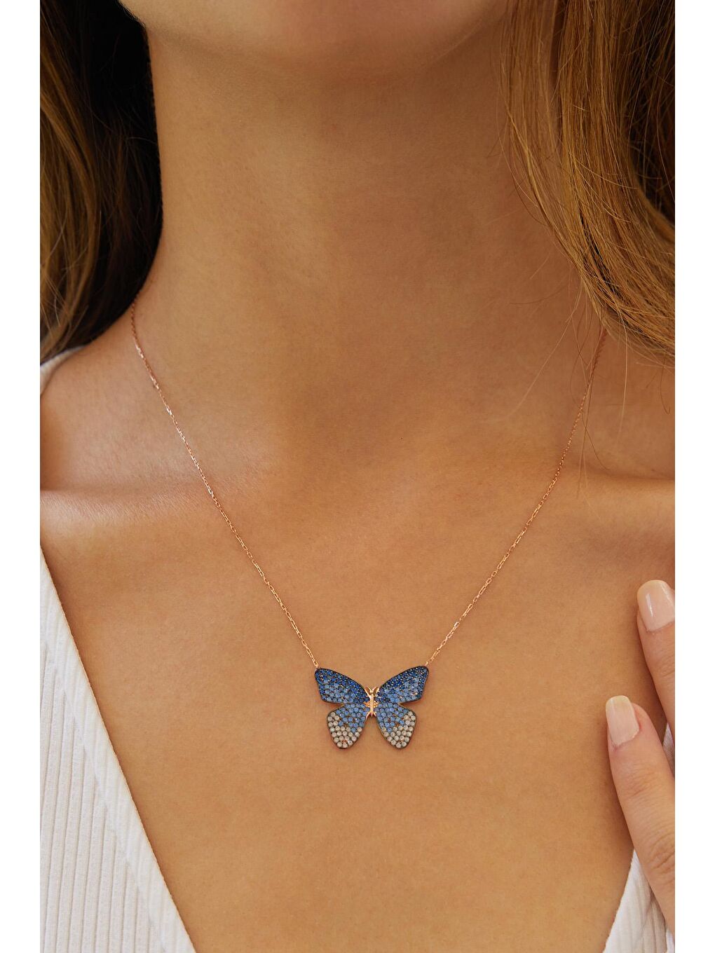 Kadın Mavi Rose Kaplama 925 Ayar Gümüş Renk Geçişli Kelebek Kolye