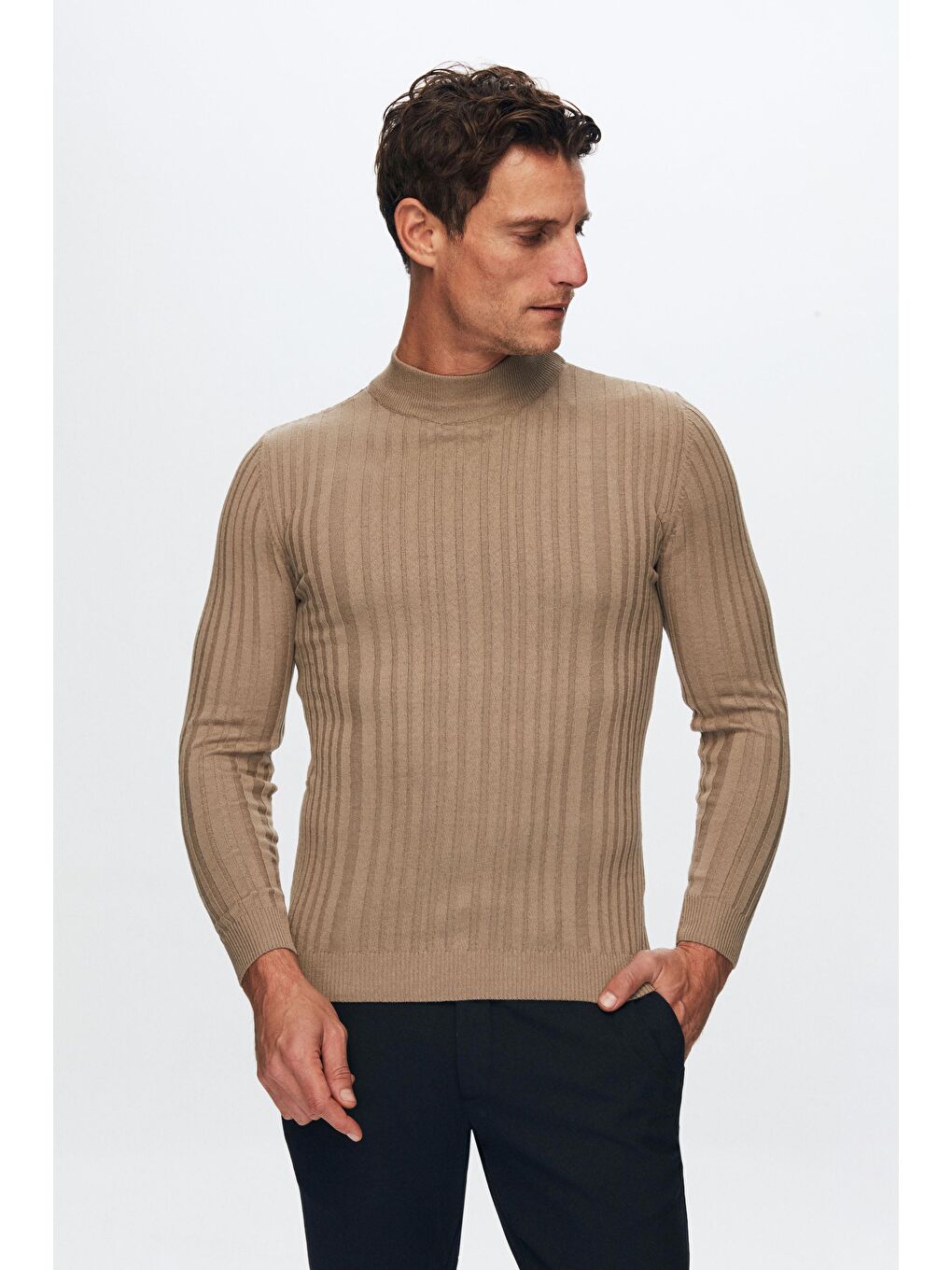 Slim Fit Bej Fitilli Fitilli Pamuk Yarım Balıkçı Triko Kazak