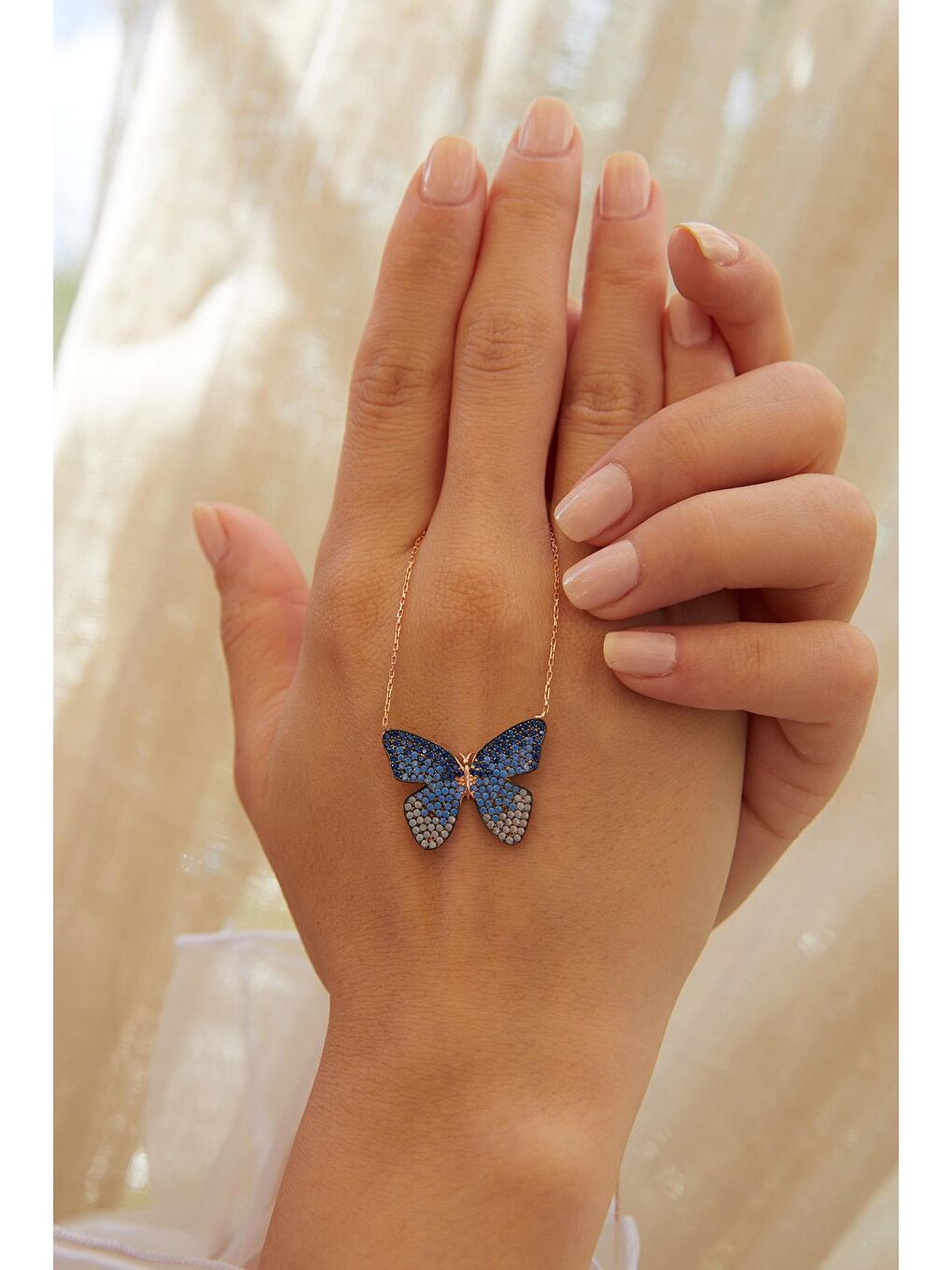 Kadın Mavi Rose Kaplama 925 Ayar Gümüş Renk Geçişli Kelebek Kolye-2