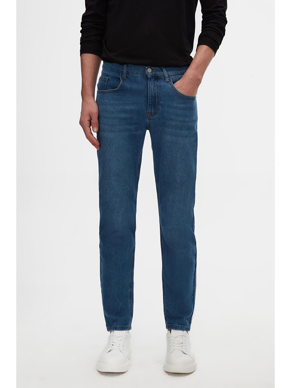 Comfort Fit Mavi Düz Jean Jean Beş Cepli Elastanlı Yıkamalı Denim Pantolon