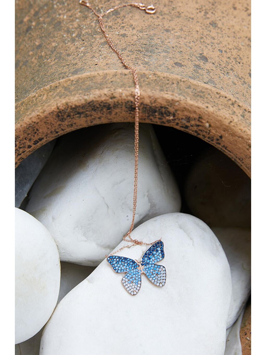 Kadın Mavi Rose Kaplama 925 Ayar Gümüş Renk Geçişli Kelebek Kolye-3